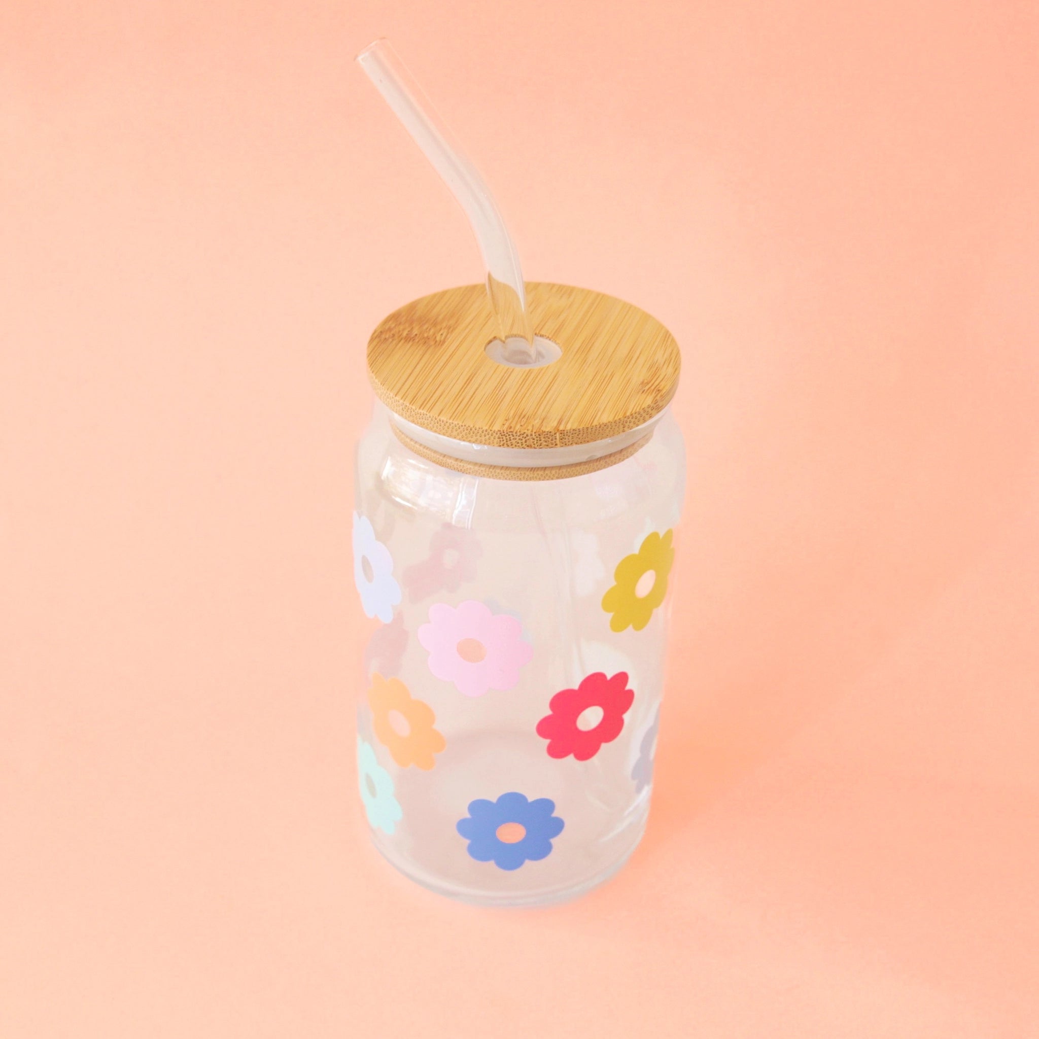 Featured Shops Daisy Glass Soda Can With Lid and Straw 16 oz