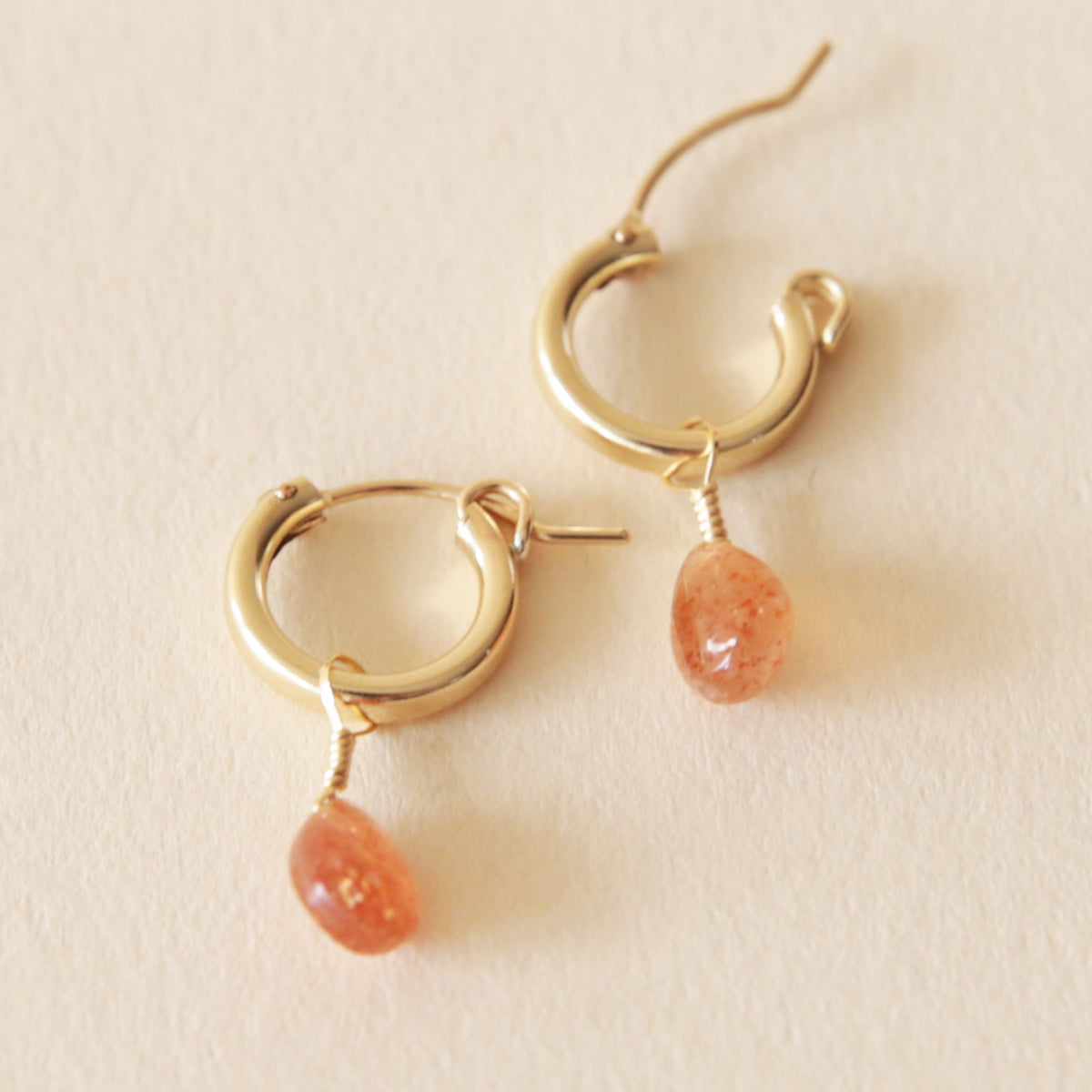 Sunstone dangle earrings, huggie hoops hot with rusty orange gemstone drops, dotted small hoops, satin gold finish