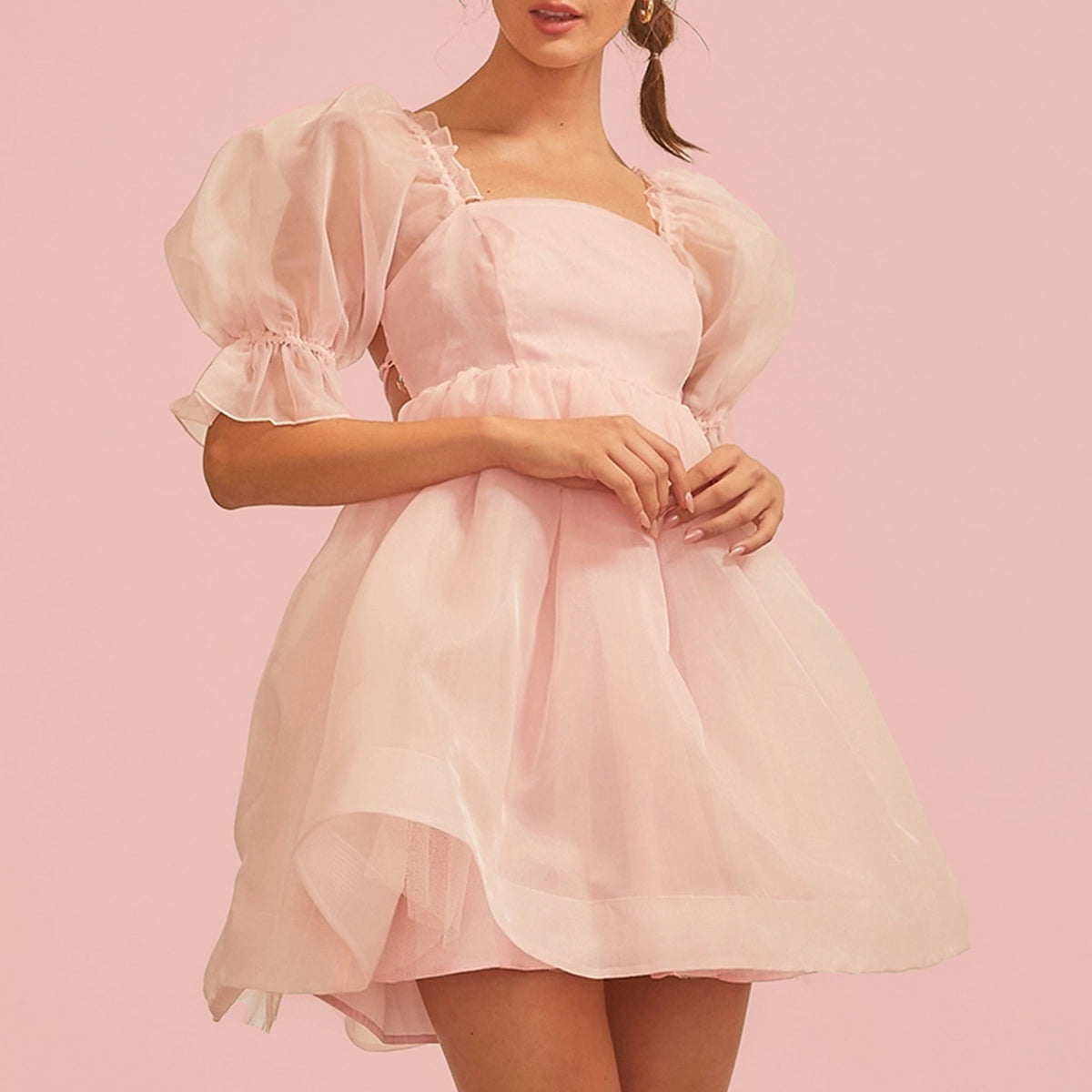 Pink Denim Puff Sleeve Babydoll Dress - Grace and Garment Boutique