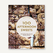 A book cover with chocolate chip bars and gold foiled text in the center that reads, '100 Afternoon Sweets'. 