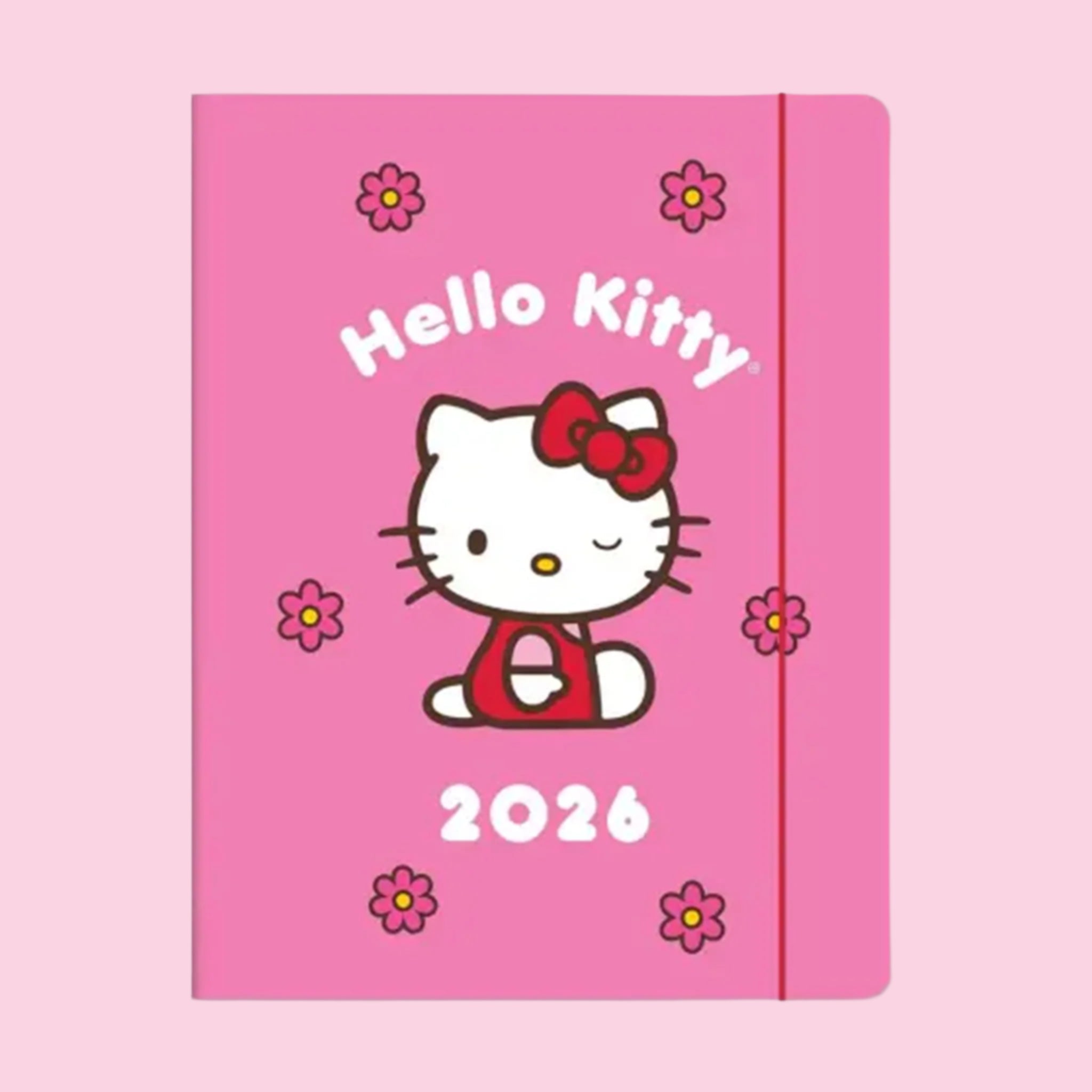 A hot pink Hello Kitty planner with white text that reads, 'Hello Kitty 2026'. 