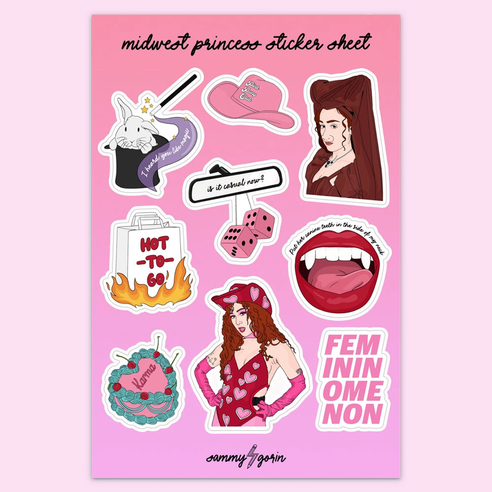 A sticker sheet of Chappell Roan inspired stickers featuring ones of her, a magic hat and bunny, rear view mirror dice, a vintage karma cake and more. 