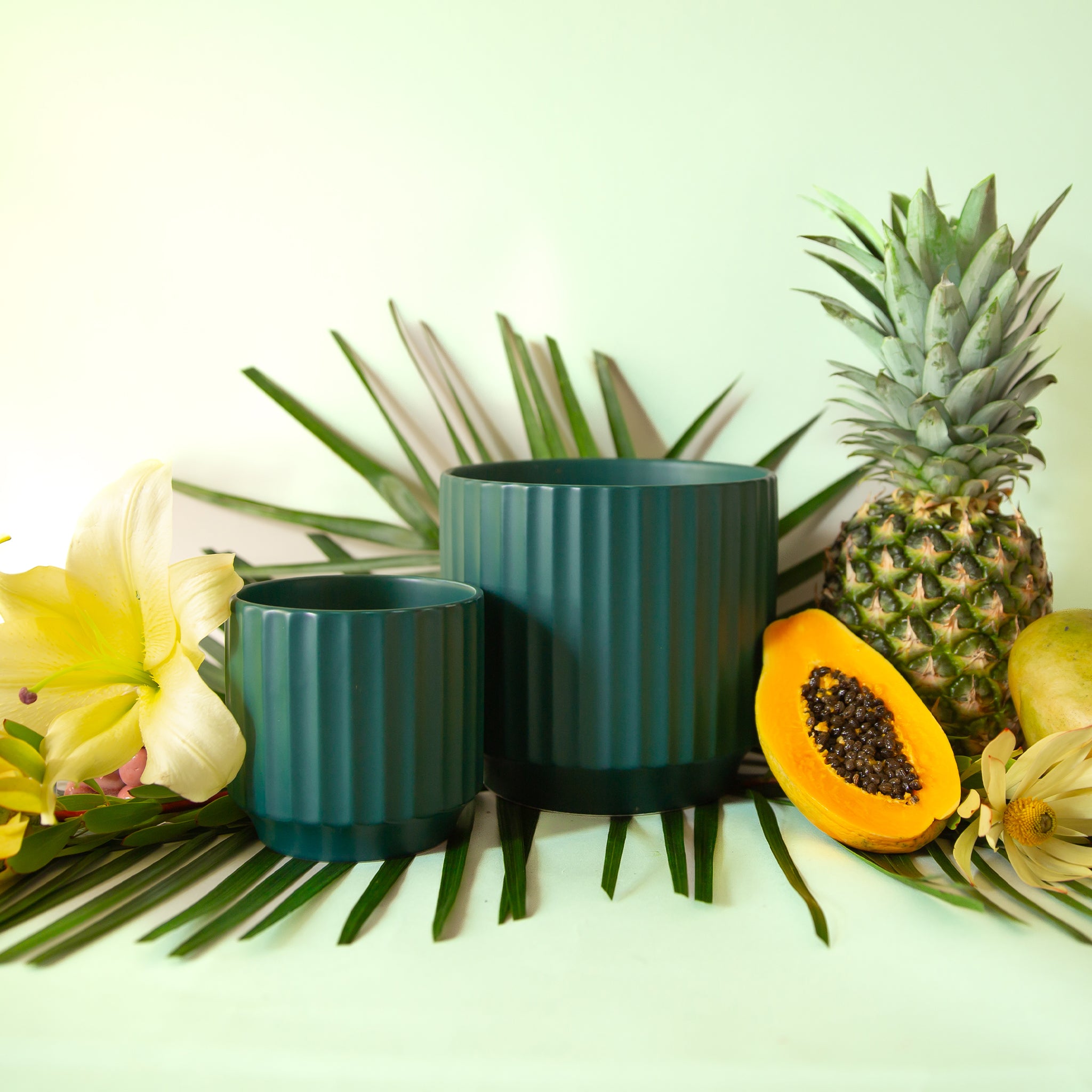 A dark green fluted ceramic planter in two different sizes.