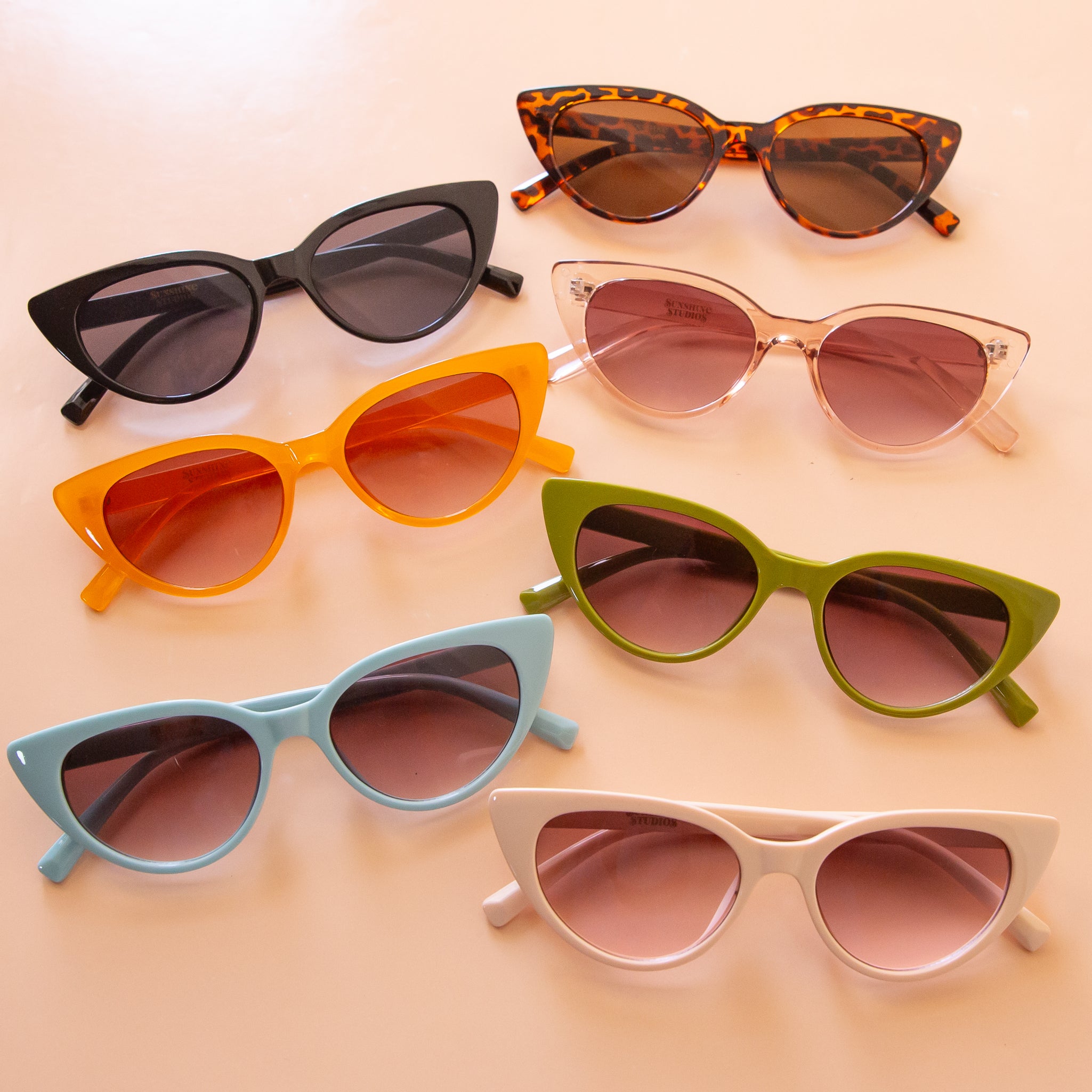 All the colorways of the Frenchie sunglasses lined up in a photo. 