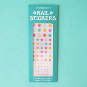 On an aqua background is a pack of nail stickers in multi-colored smiley faces.