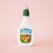 A glass bottle or ranch ornament with a 3.5" loop for hanging and glitter detailing.