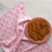 A pink kitchen towel with a red and white candy cane design on a counter next to a plate of gingersnap cookies.  Edit alt text