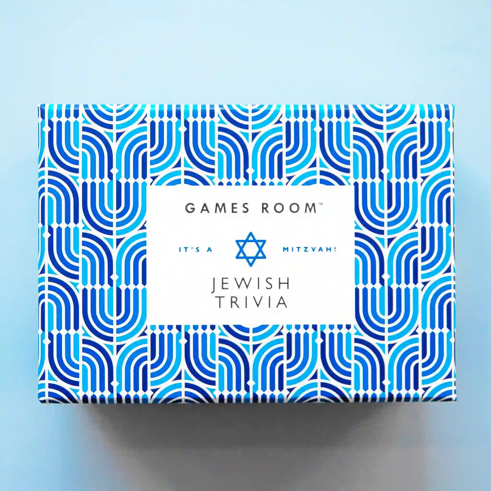 On a blue background is a blue box with a white label in the center that reads, &quot;Games Room Jewish Trivia&quot;. 