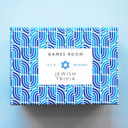 On a blue background is a blue box with a white label in the center that reads, "Games Room Jewish Trivia". 