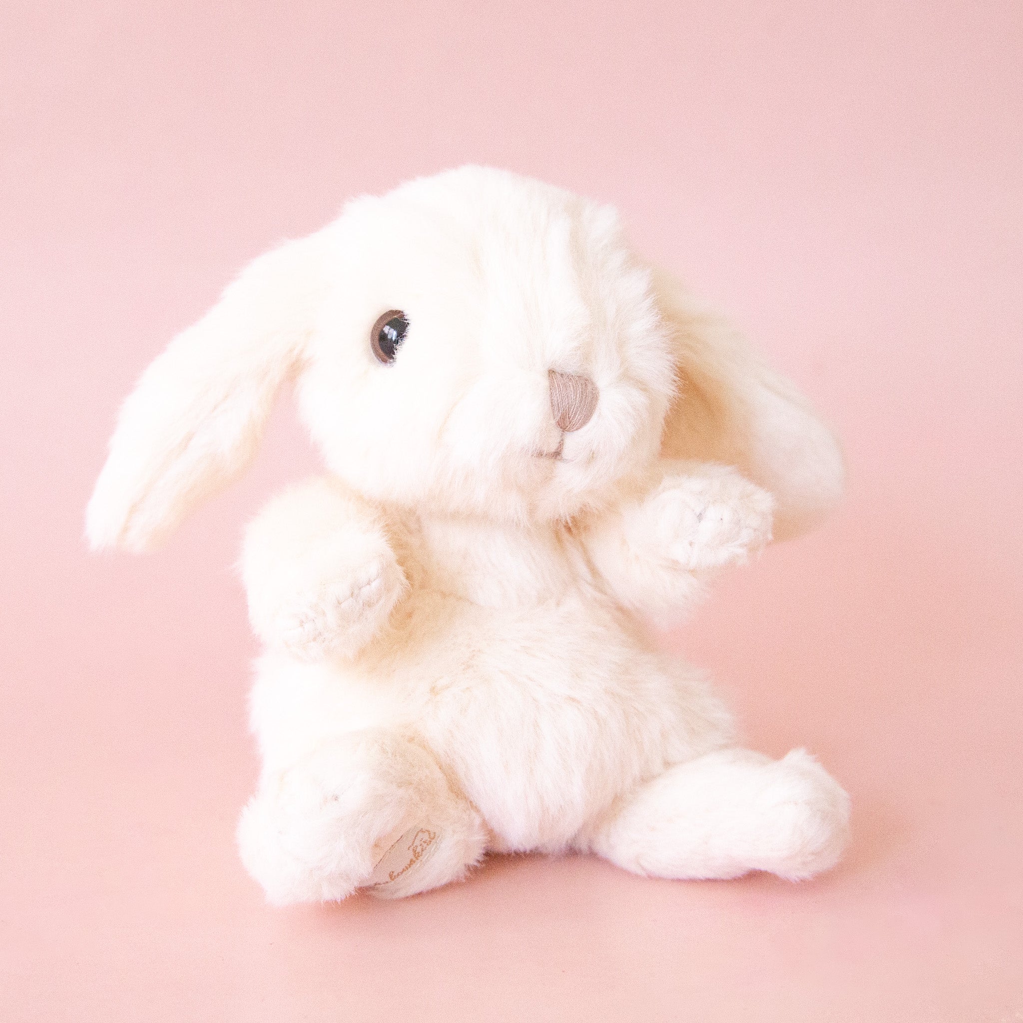 A small white bunny shaped stuffed animal toy. 