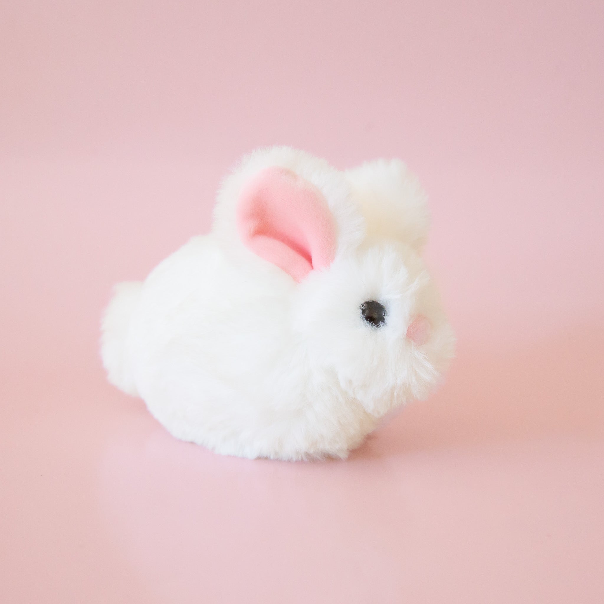 A white tiny bunny shaped stuffed animal. 