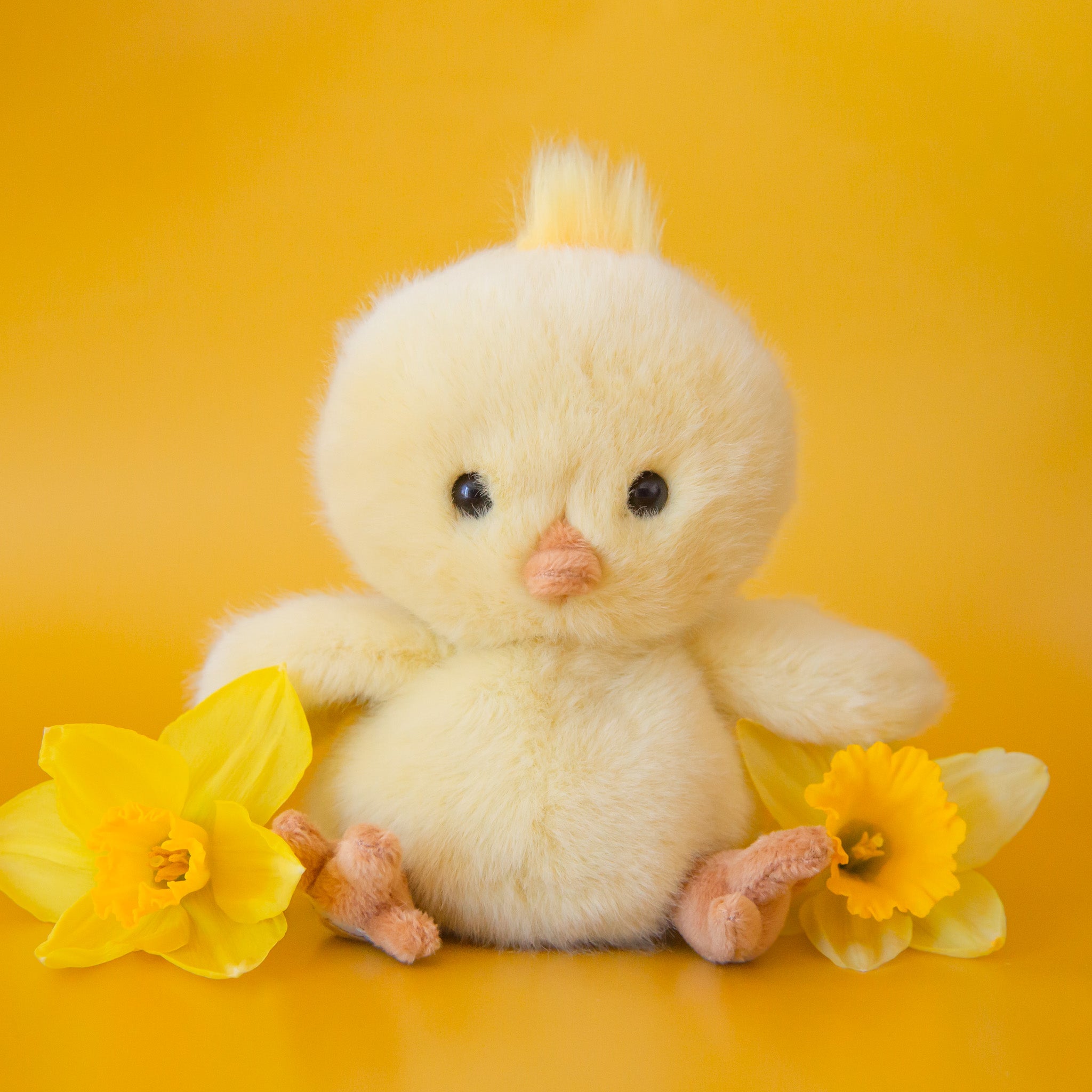 A yellow chick stuffed animal. 