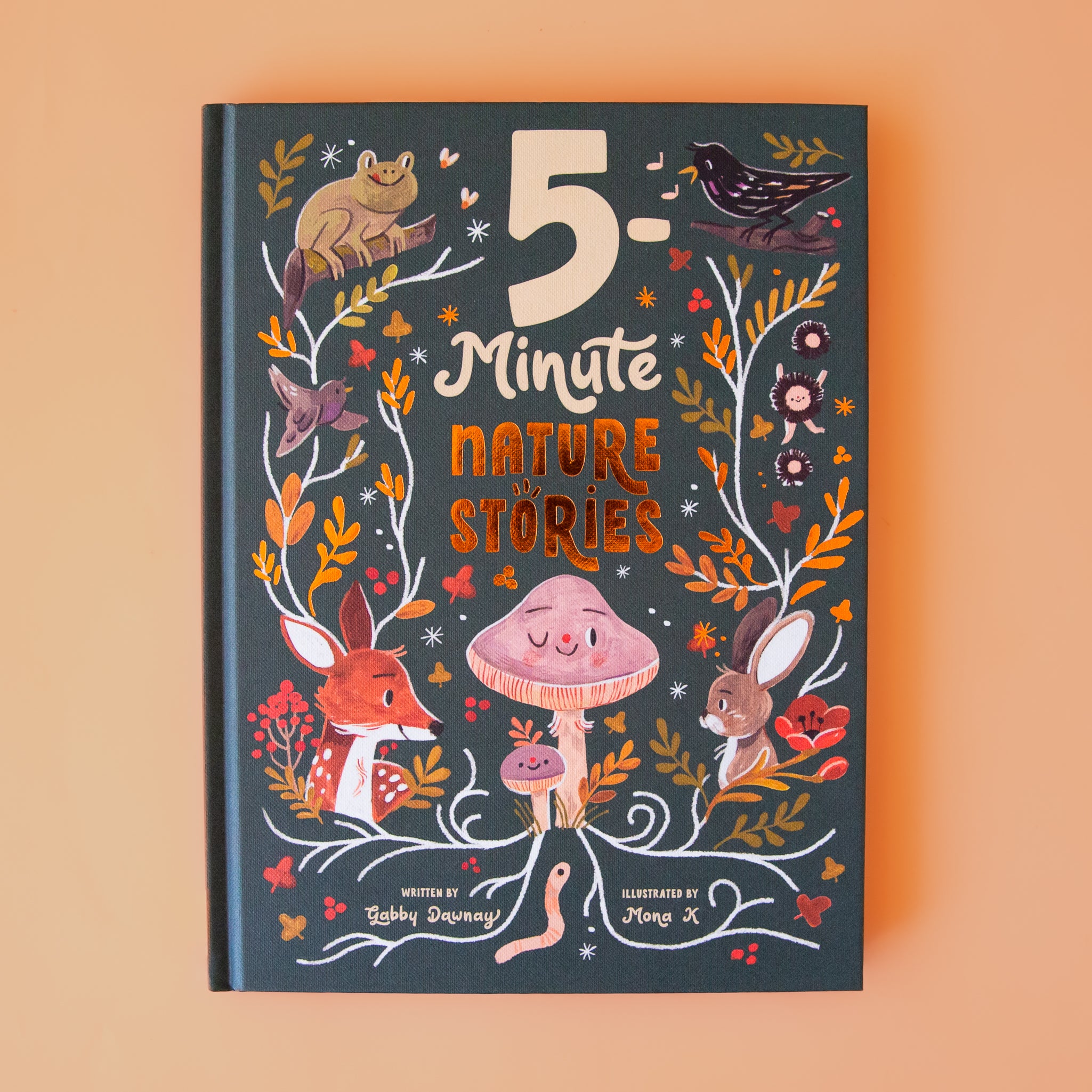 A book cover with illustrations of woodland creatures and plants along with the title that reads, "5 minute Nature Stories".