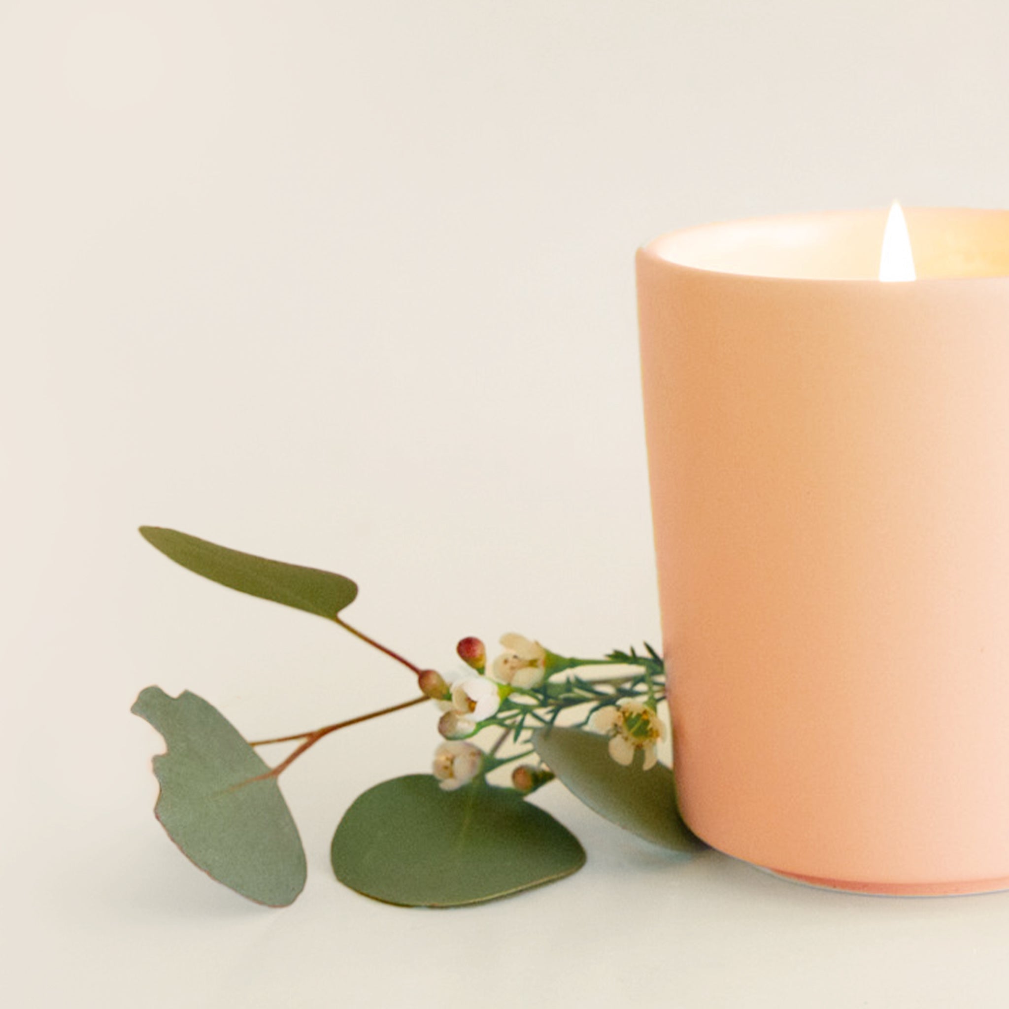 A neutral ceramic candle jar with greenery on the side of it as a photo prop. 