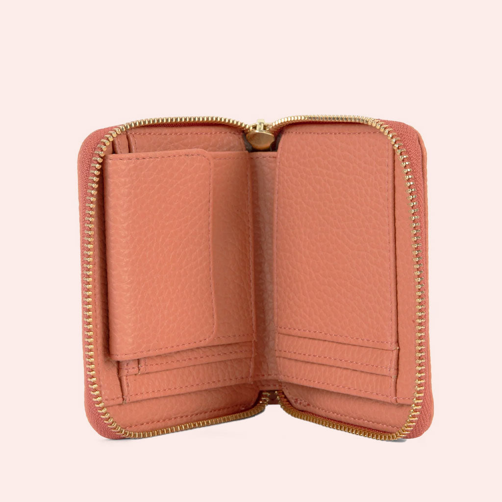 small zip around wallet in coral color