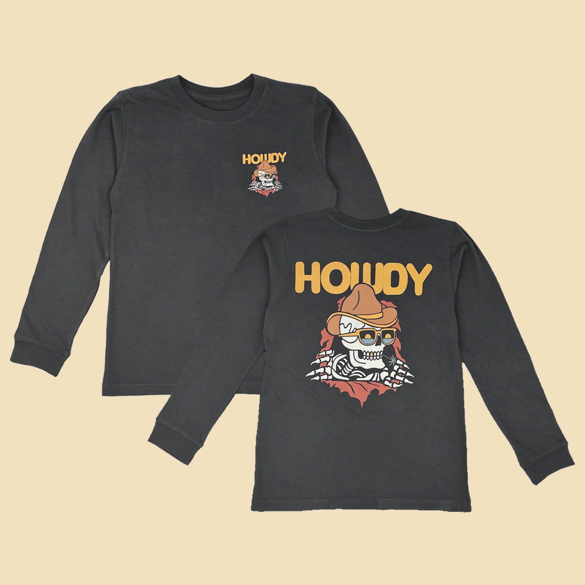 front and back view of a black long sleeve shirt that says "howdy" with a skull in a cowboy hat