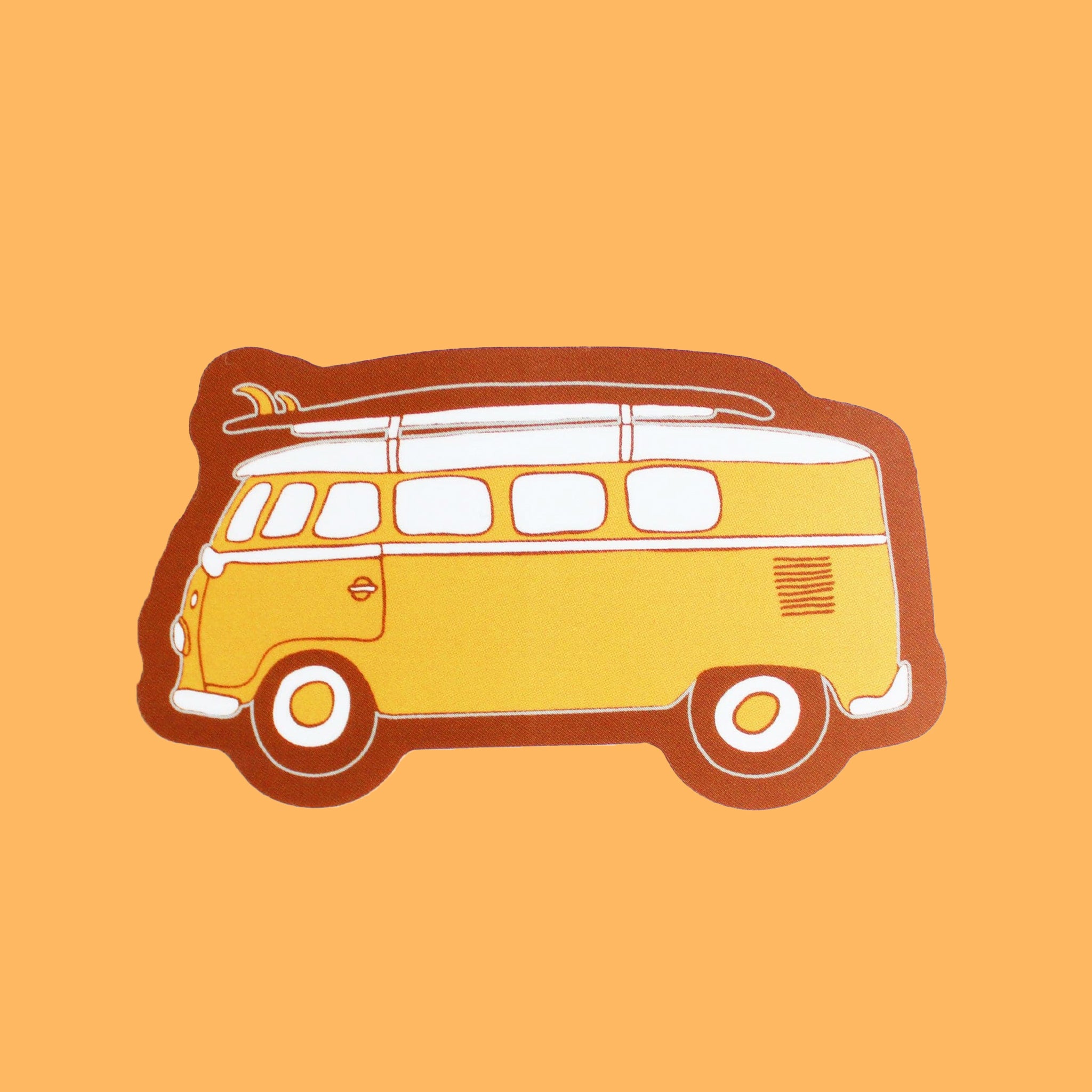 This vinyl sticker has a classic daffodil yellow VW Bug with a surfboard fastened on top, providing that classic beach cruiser vibe. The sticker has tawny brown bubble border.