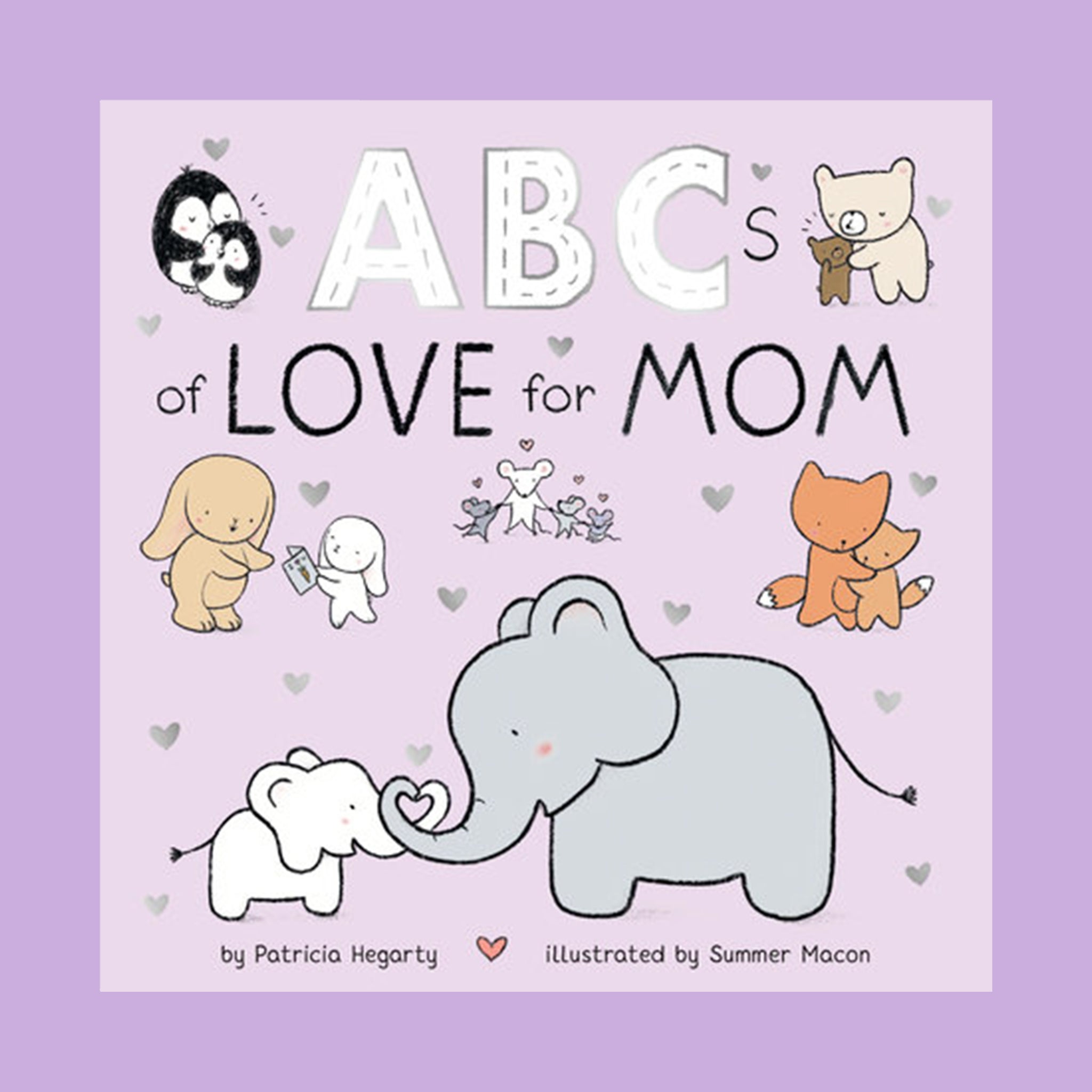 A light purple book cover with the title that reads, &quot;ABCs of Love for Mom&quot;. 