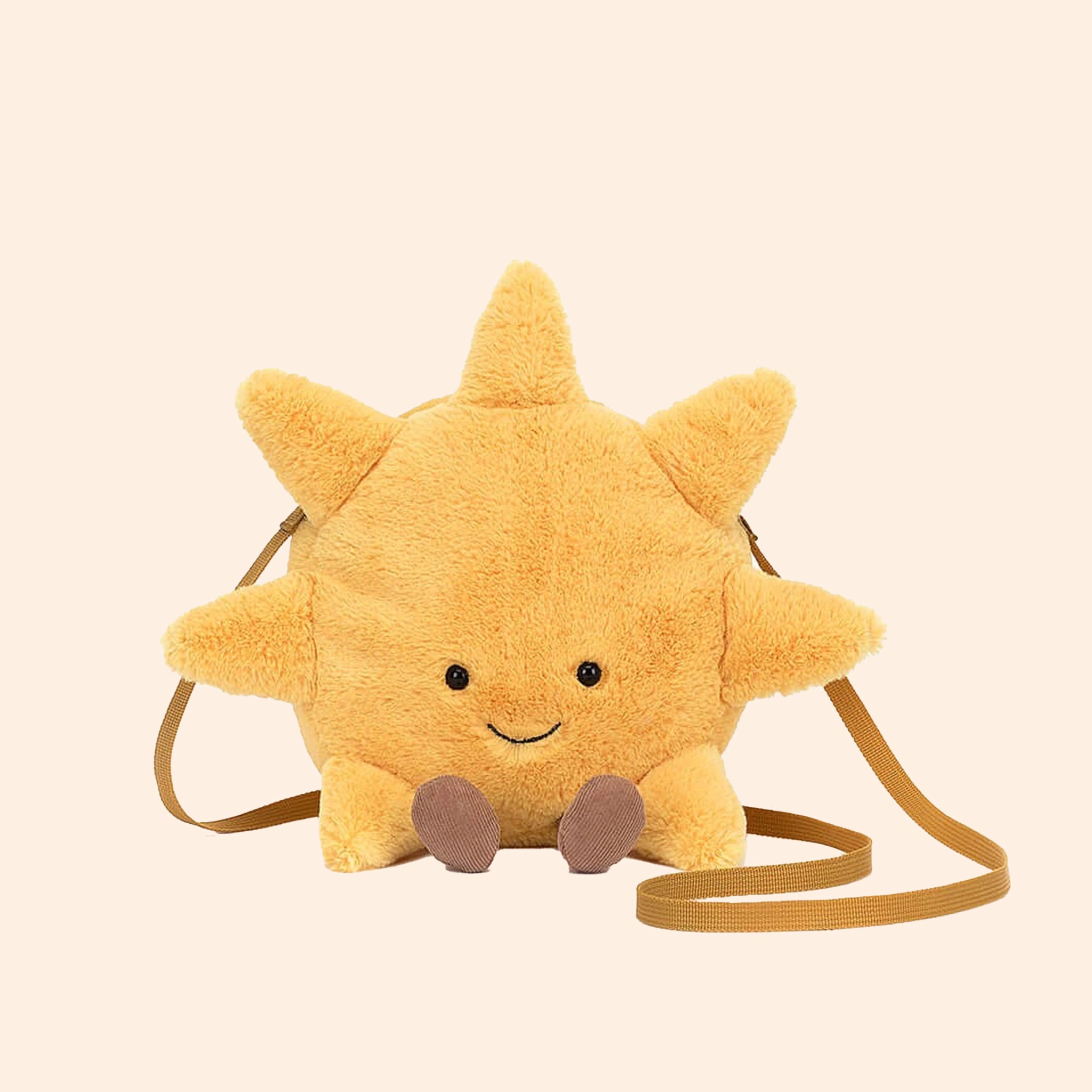 On a white background is fuzzy yellow sun bag with a brown strap and a zipper opening at the top.