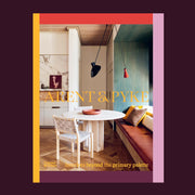 On a purple background is a book cover with a multi colored border and a photo of a curated dining room and the title in yellow that reads, "Arent & Pyke". 