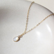 A gold chain necklace with a mother of pearl pendant. 