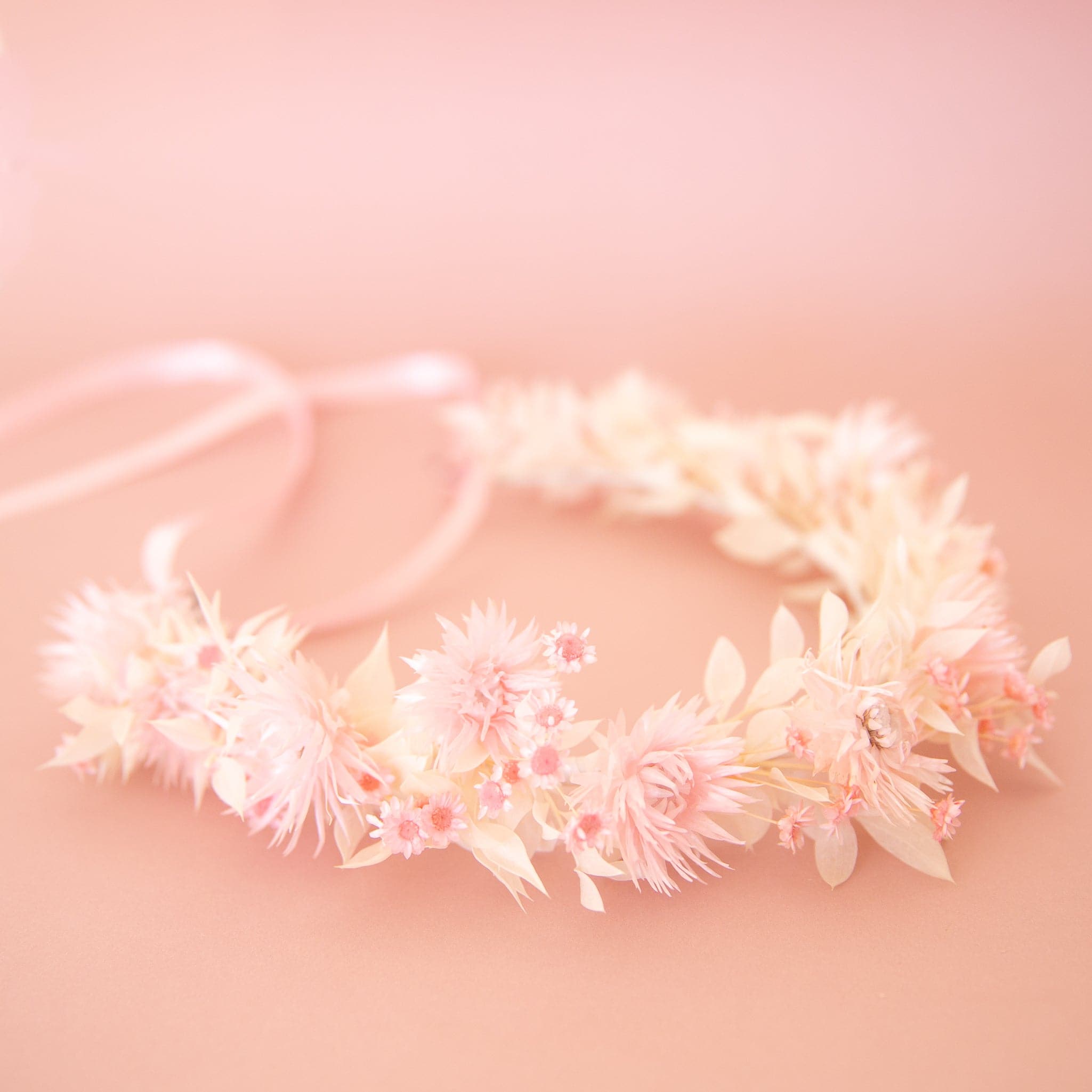 A flower crown crafted from white and pink colored dried florals and a light pink ribbon for tying in the back. 