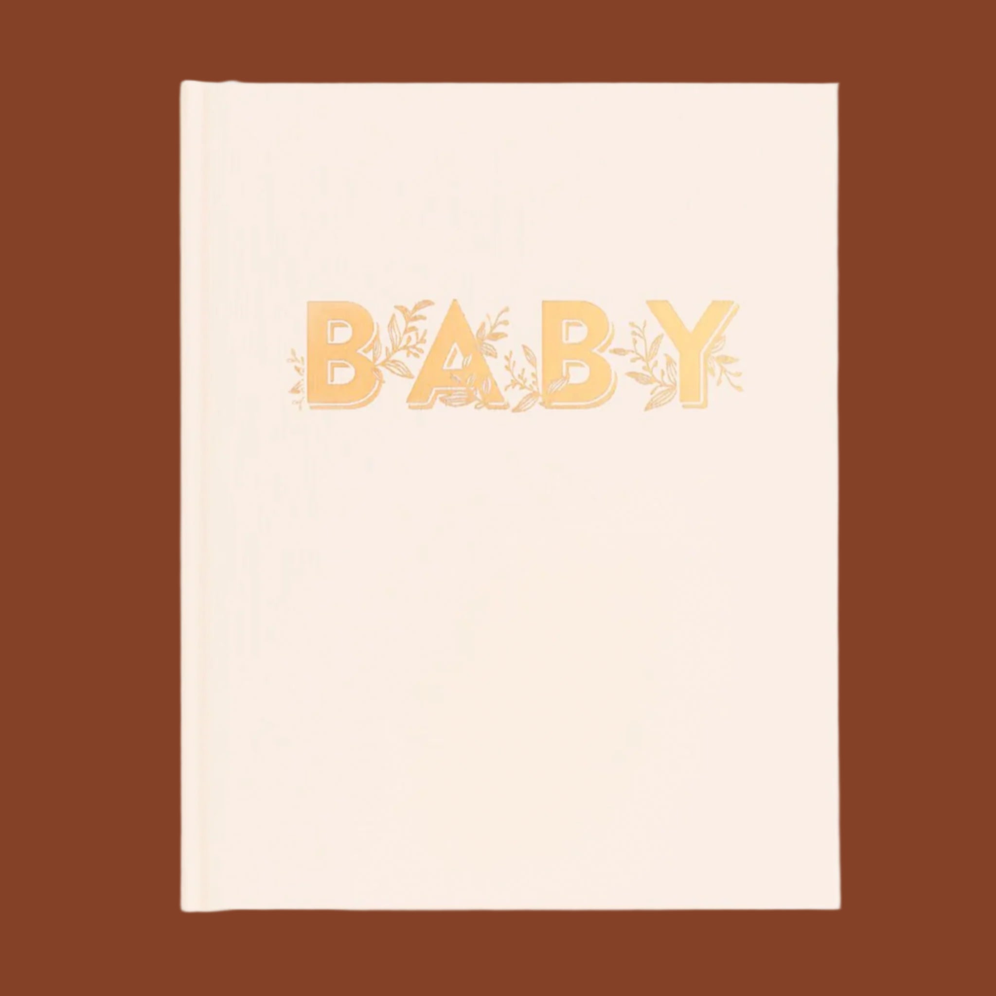 A neutral book cover with a gold foiled text in the center that reads, 'Baby'. 