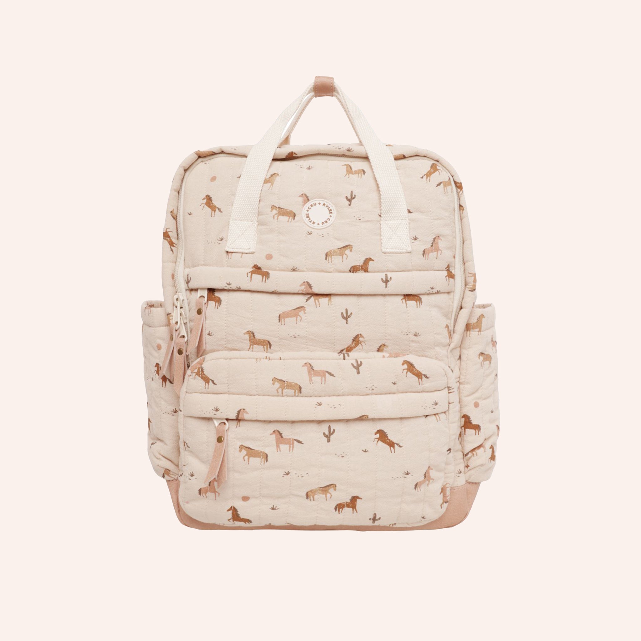 A light pinky peach backpack with a horses print.