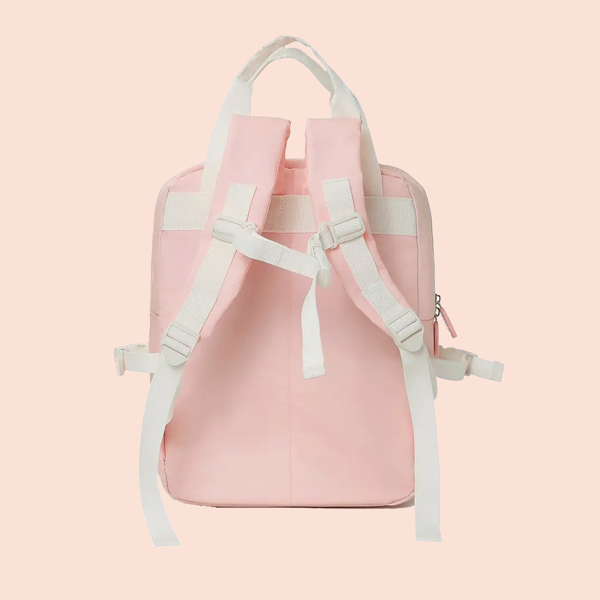 A pink backpack with orange stripes.