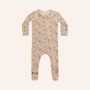 A neutral floral footie onesie pajama for babies and toddlers. 