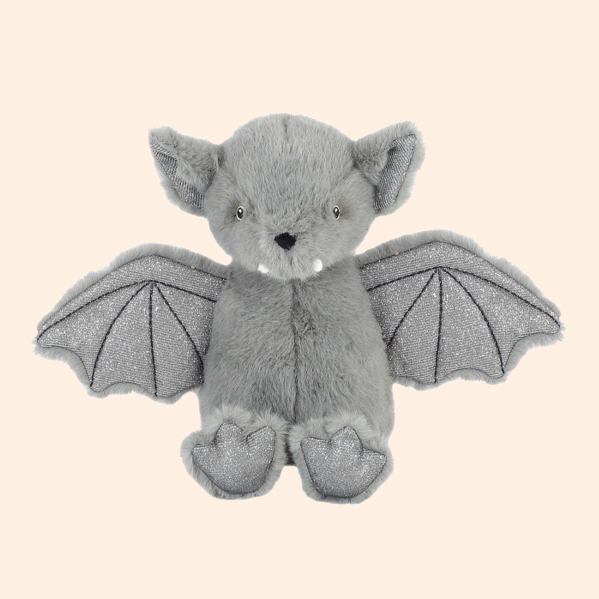 A grey bat stuffed toy with sparkle wing details.