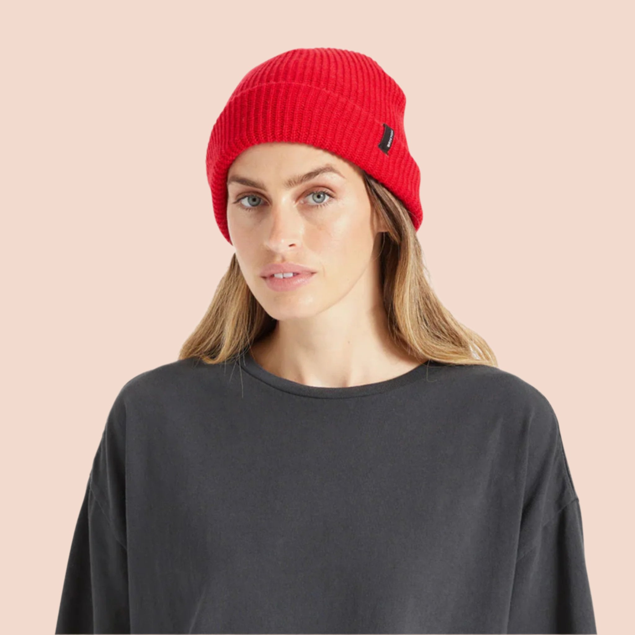 A red ribbed beanie. 