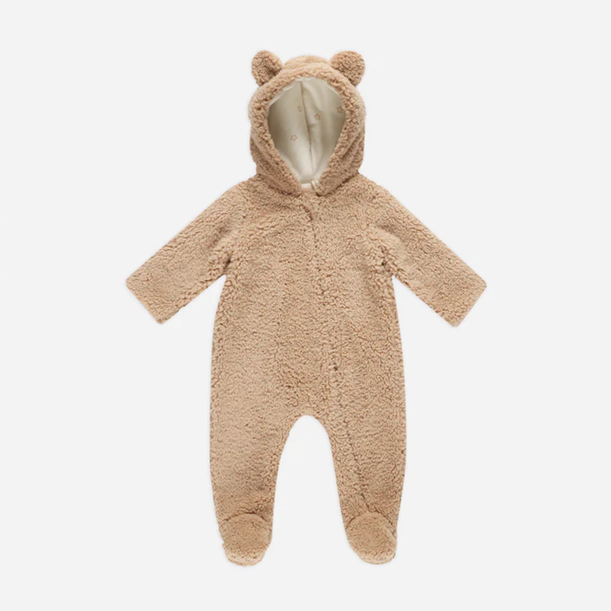 A fuzzy brown jumpsuit with a hood with bear ears on it. 