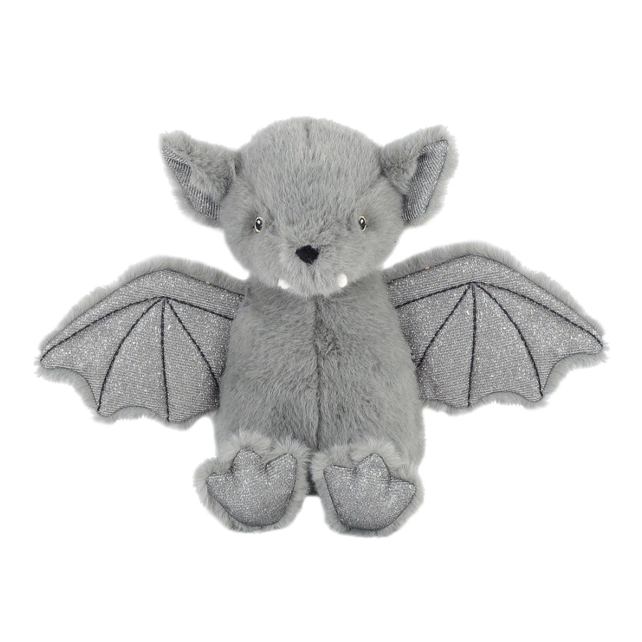 A grey bat stuffed toy with sparkle wing details. 