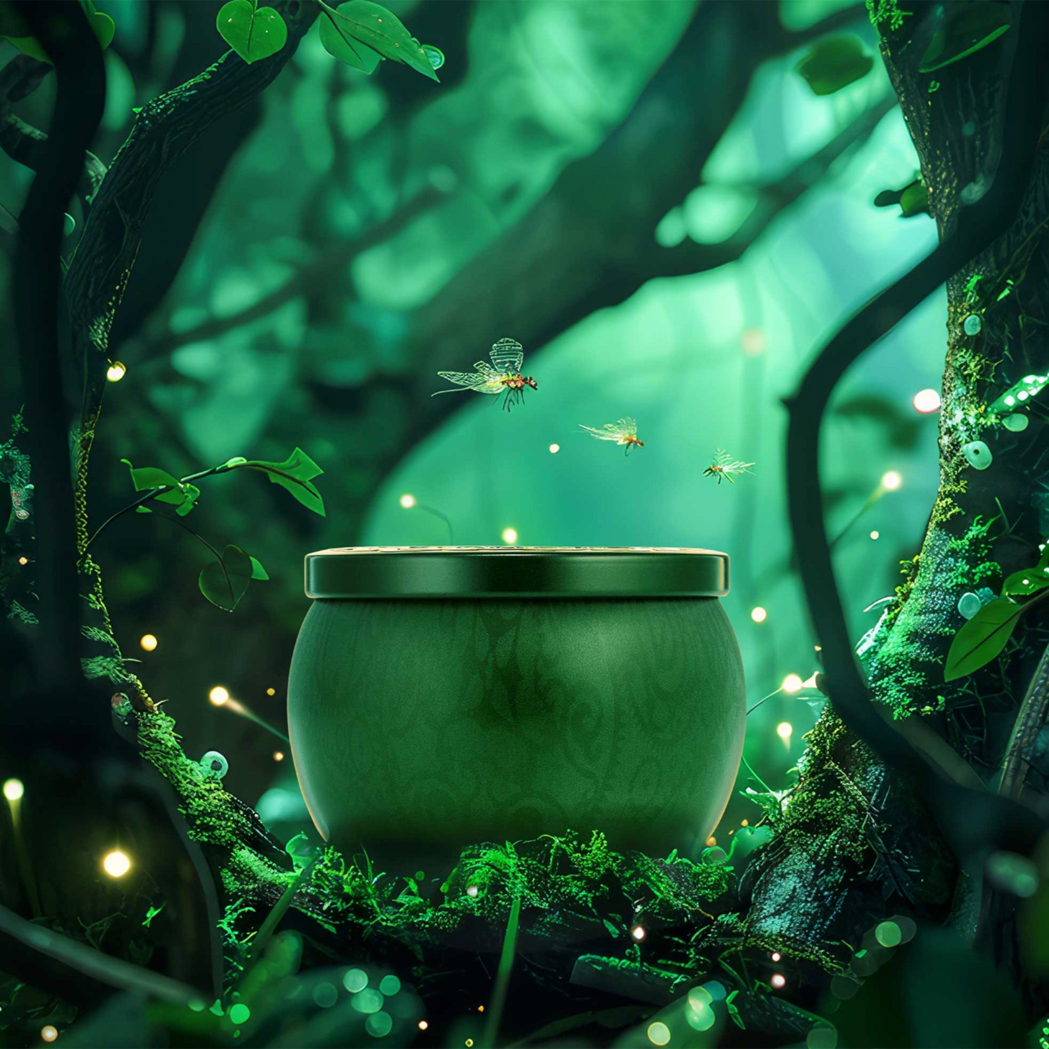 A green tin candle with gold details that reads, 'Voluspa, Bewitching Banyan Forest' Wicked. 