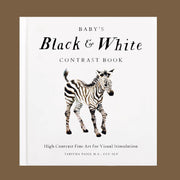 A white children's book with a graphic of a black and white zebra and text that reads, 'Baby's Black & White Contrast Book'. 