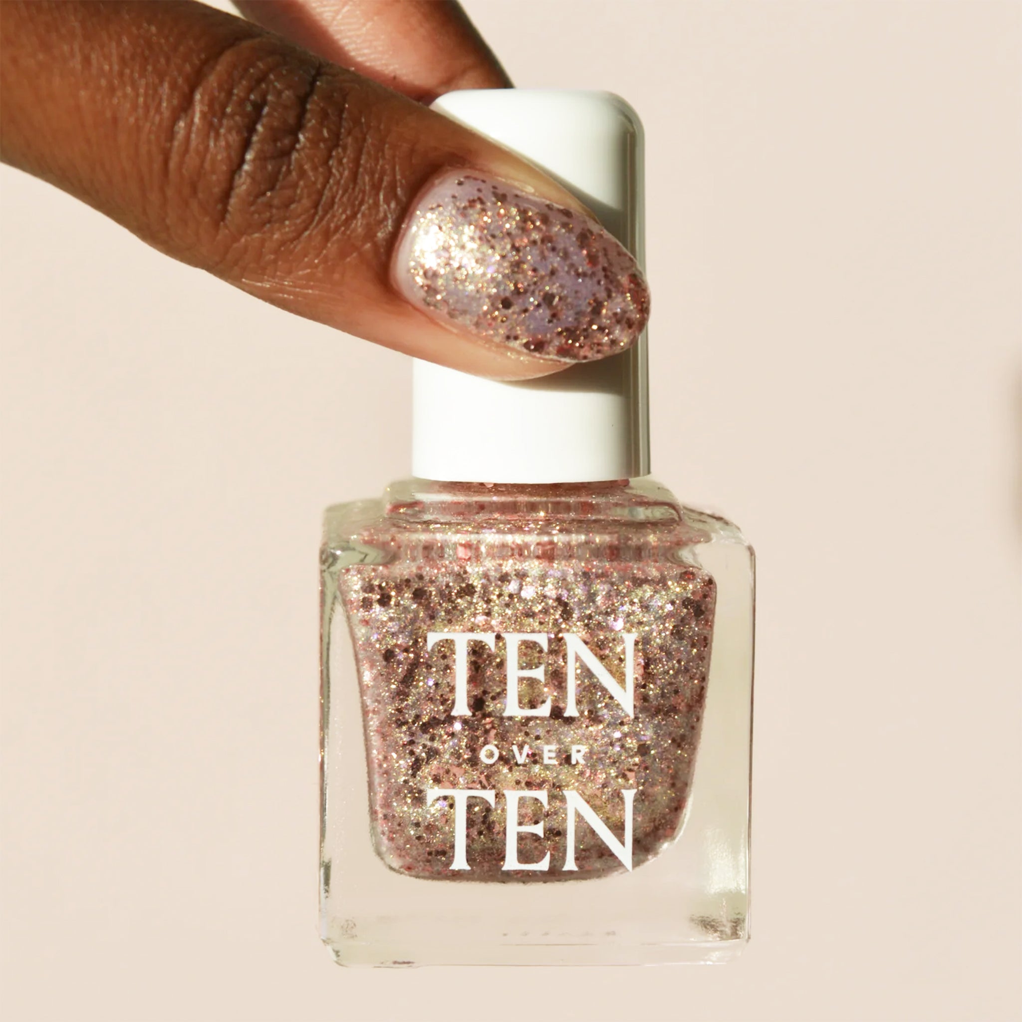 A chunky glitter nail polish with specks of rose gold, gold and silver. 