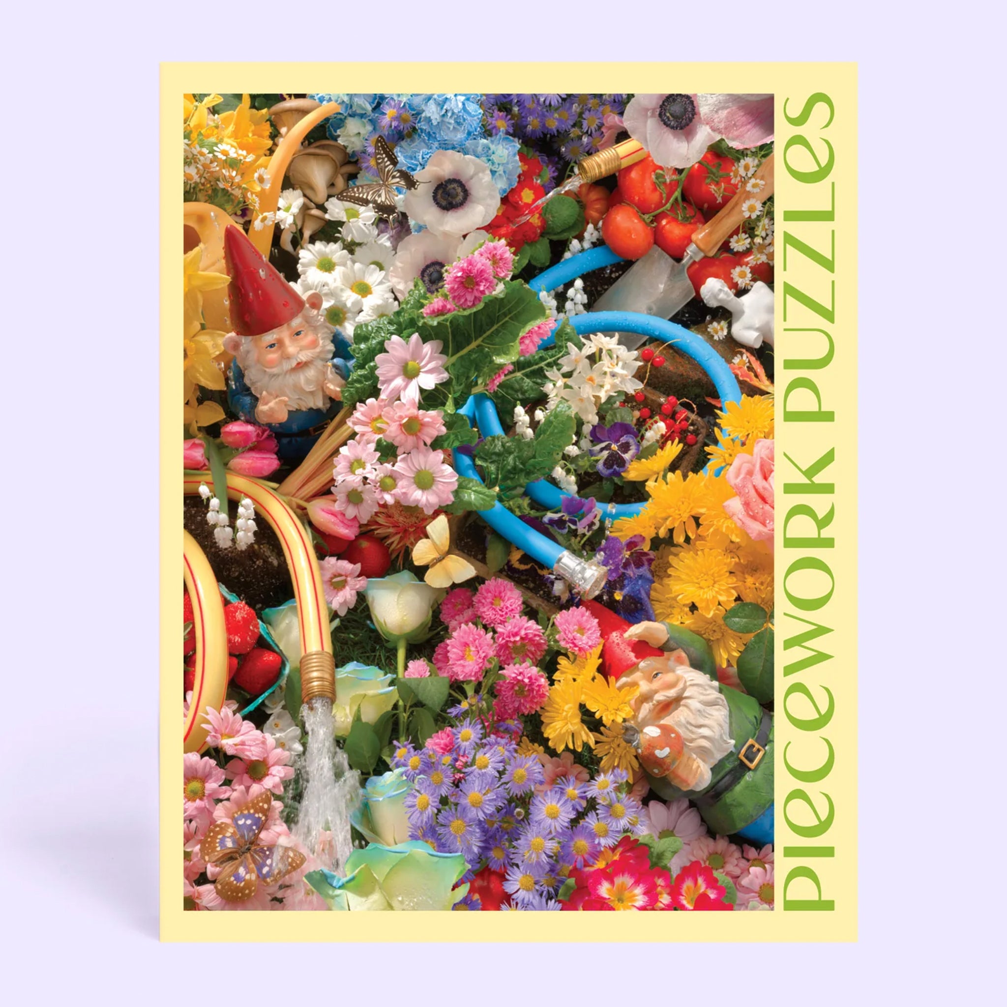 A yellow boxed puzzle with a floral print 1000 piece puzzle inside. 