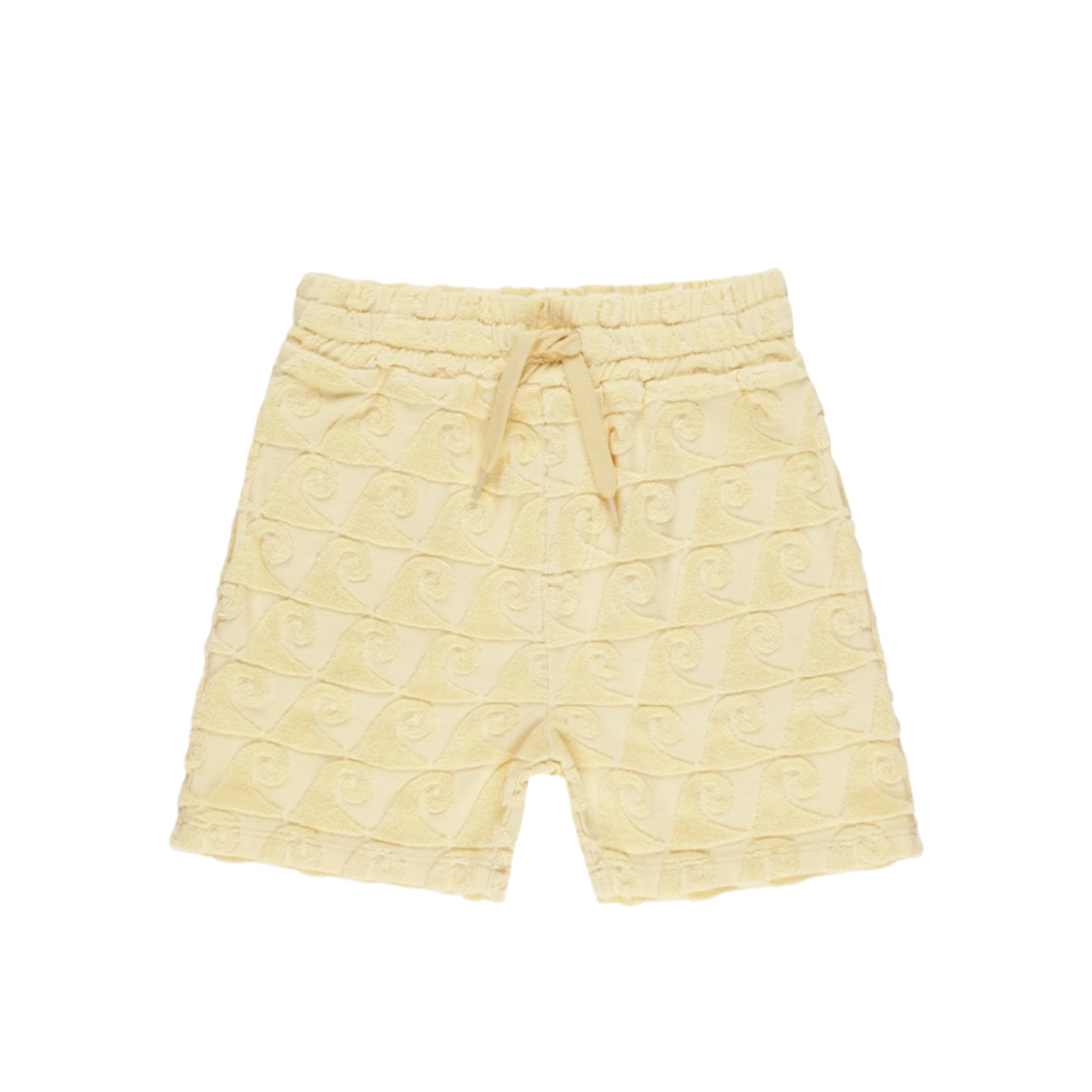 A yellow pair of boardshorts for kids with a textured wave pattern. 