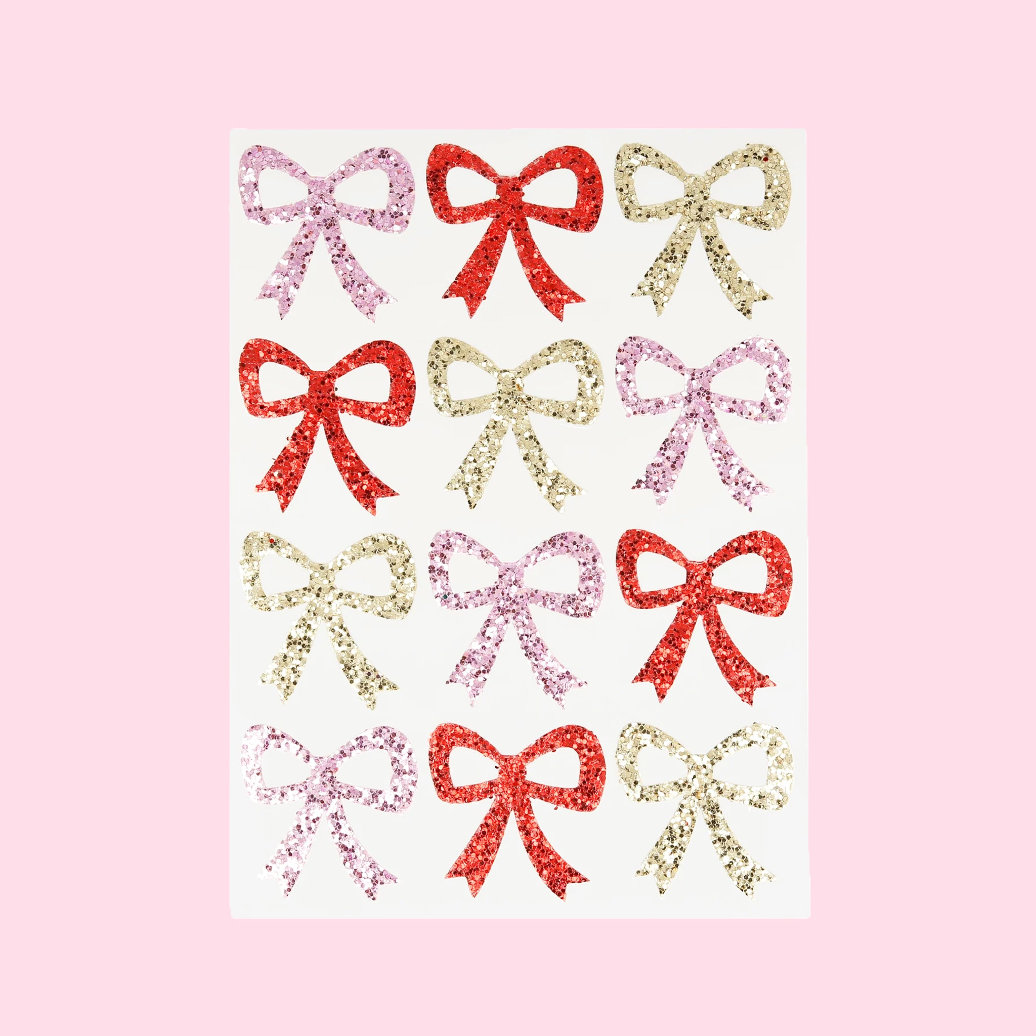 A pack of pink, gold and red bow shaped glitter stickers. 