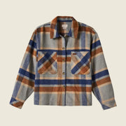 A brown, dark blue and light blue plaid shirt. 