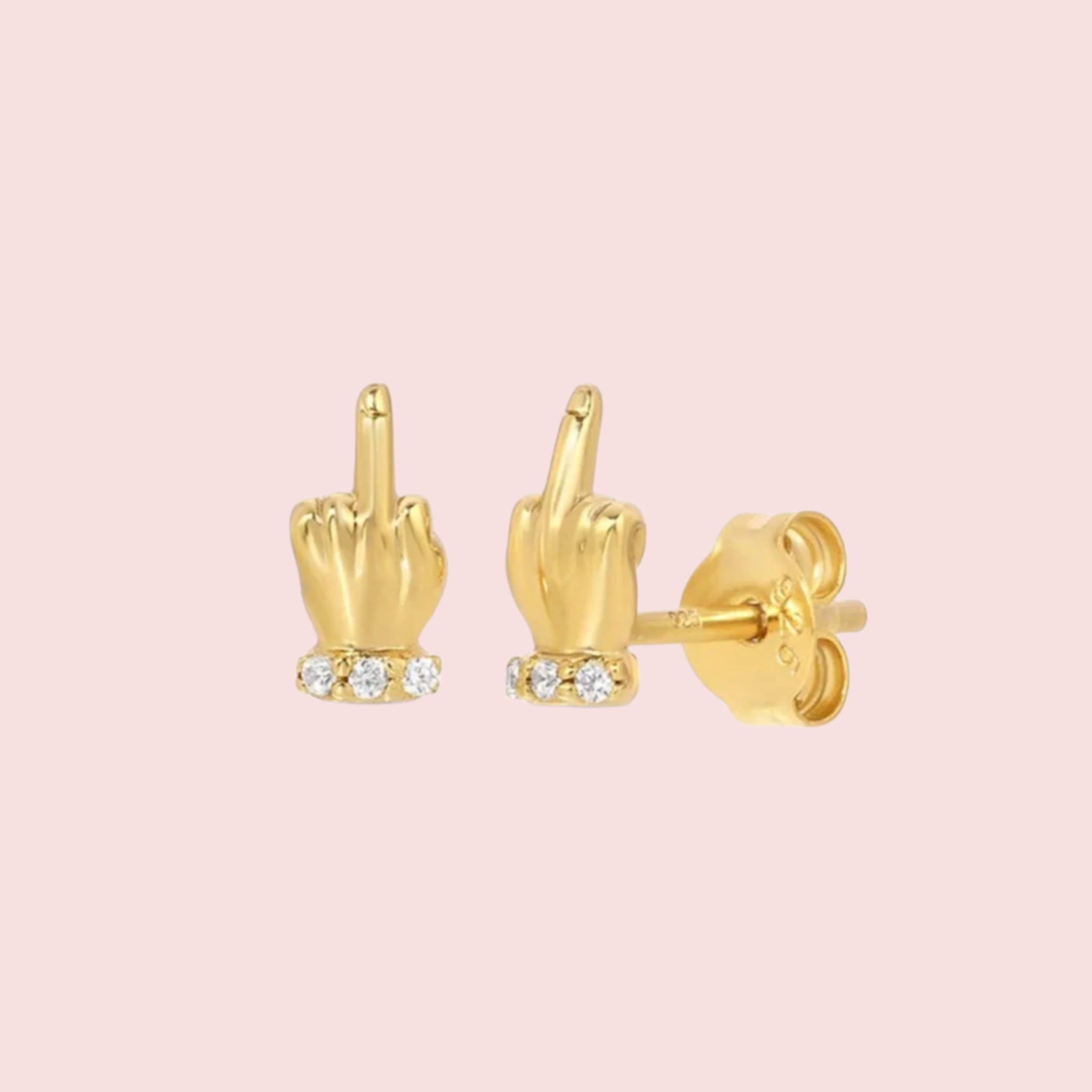 A pair of middle finger shaped stud earrings with cz accents along the bottom. 