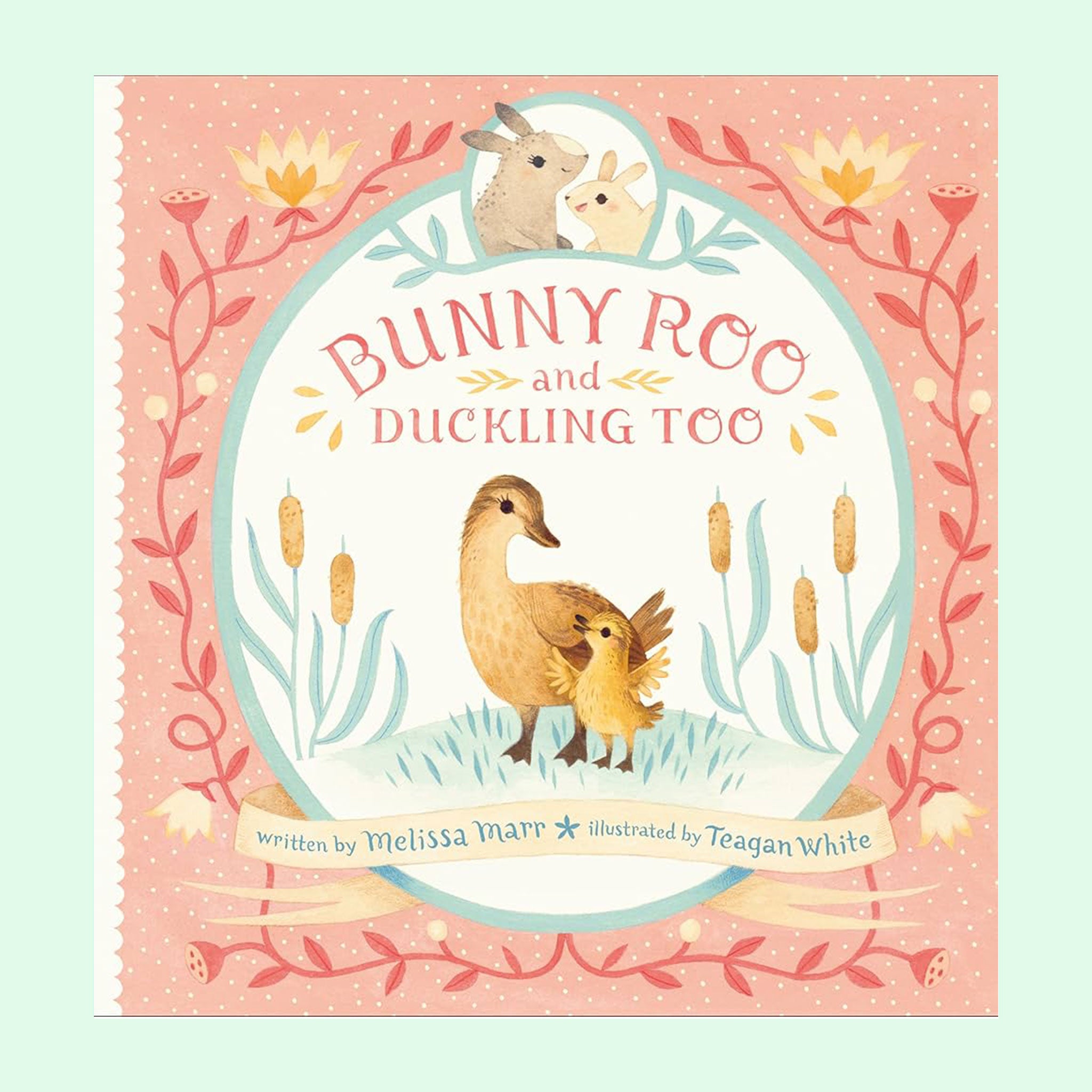 On a blue background is a pink book cover with an illustration of ducks and bunnies and the title that reads, "Bunny Roo and Duckling Too". 