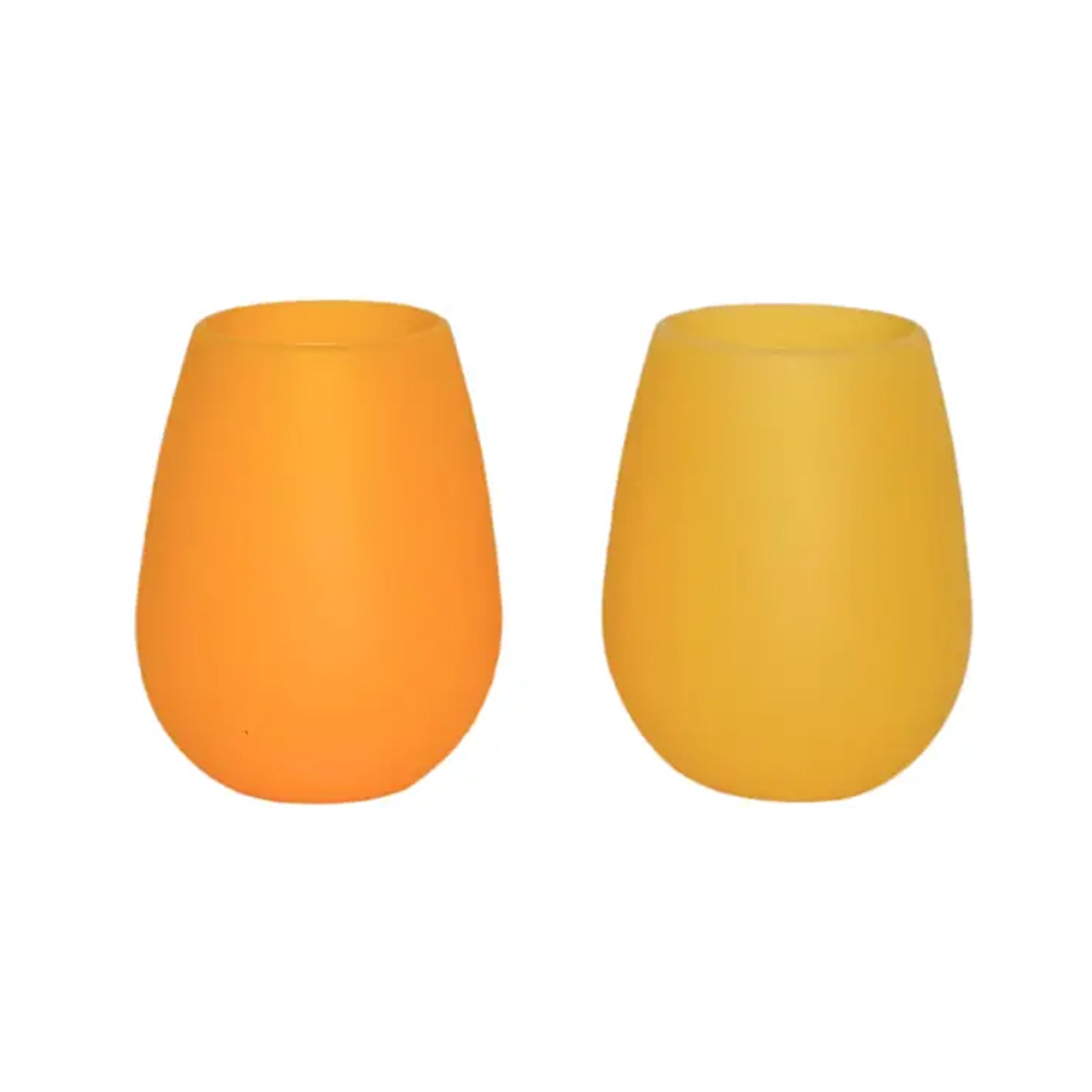 A pair of stemless silicone cups, one light yellow and the other darker.