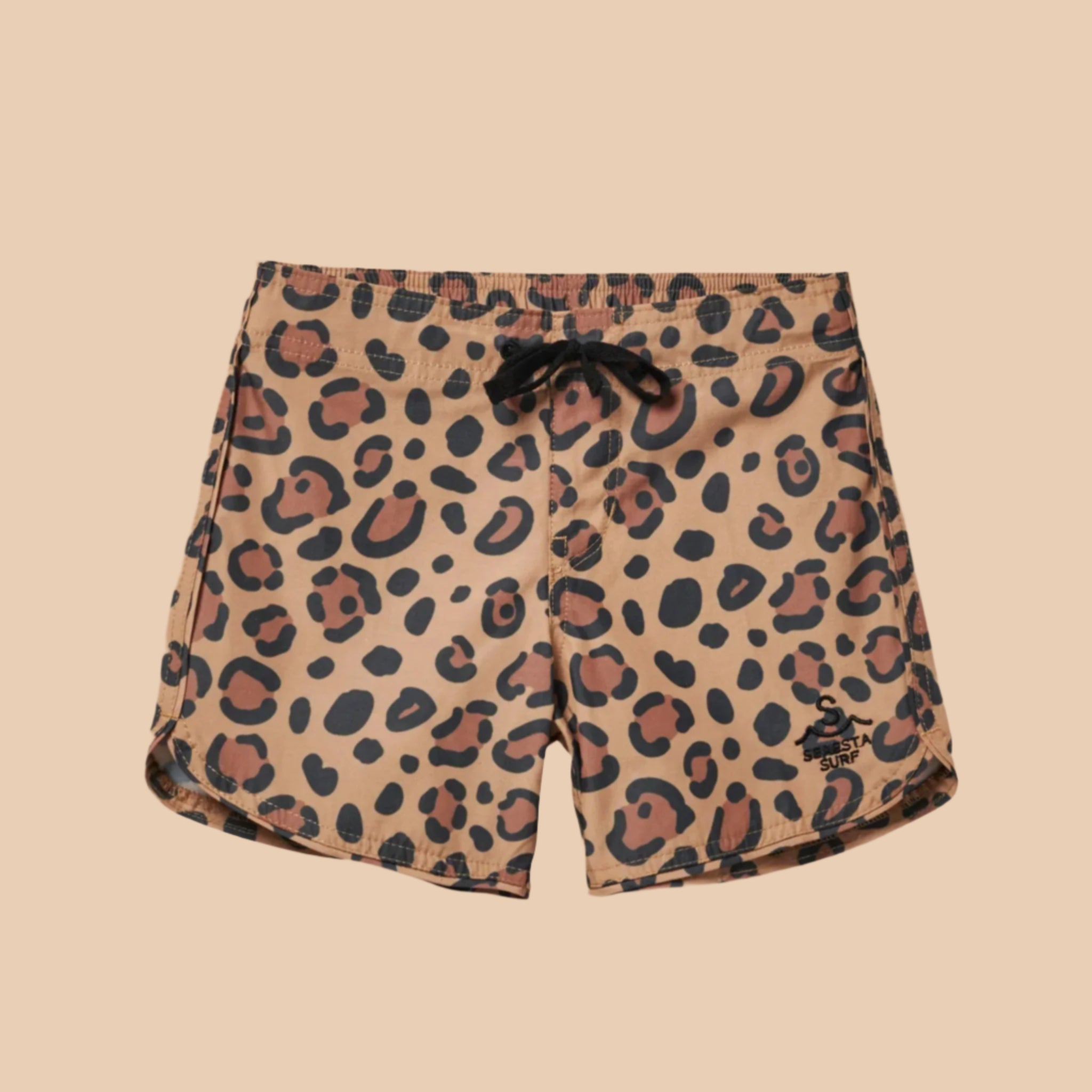 A black and brown leopard print boardshorts. 