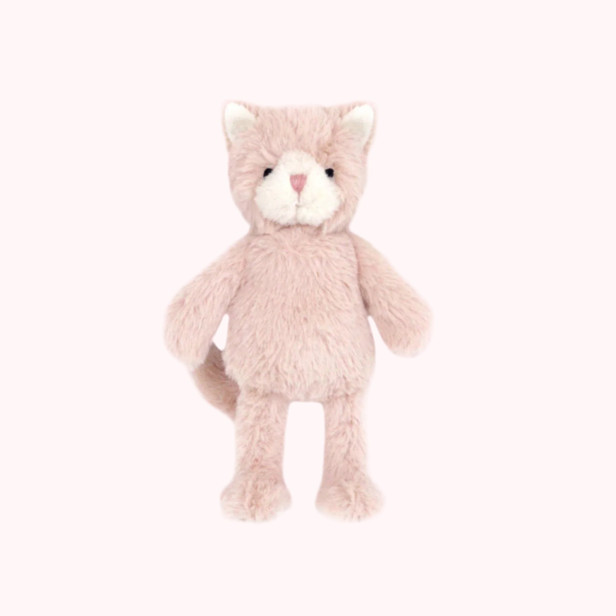 A light pink kitty shaped stuffed animal with a rattle inside. 