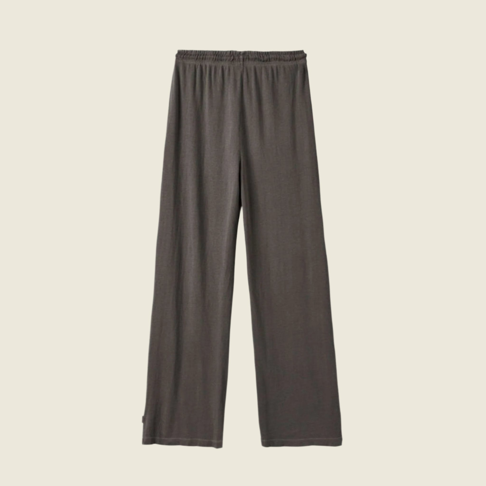 A pair of washed black lounge pants with a drawstring. 