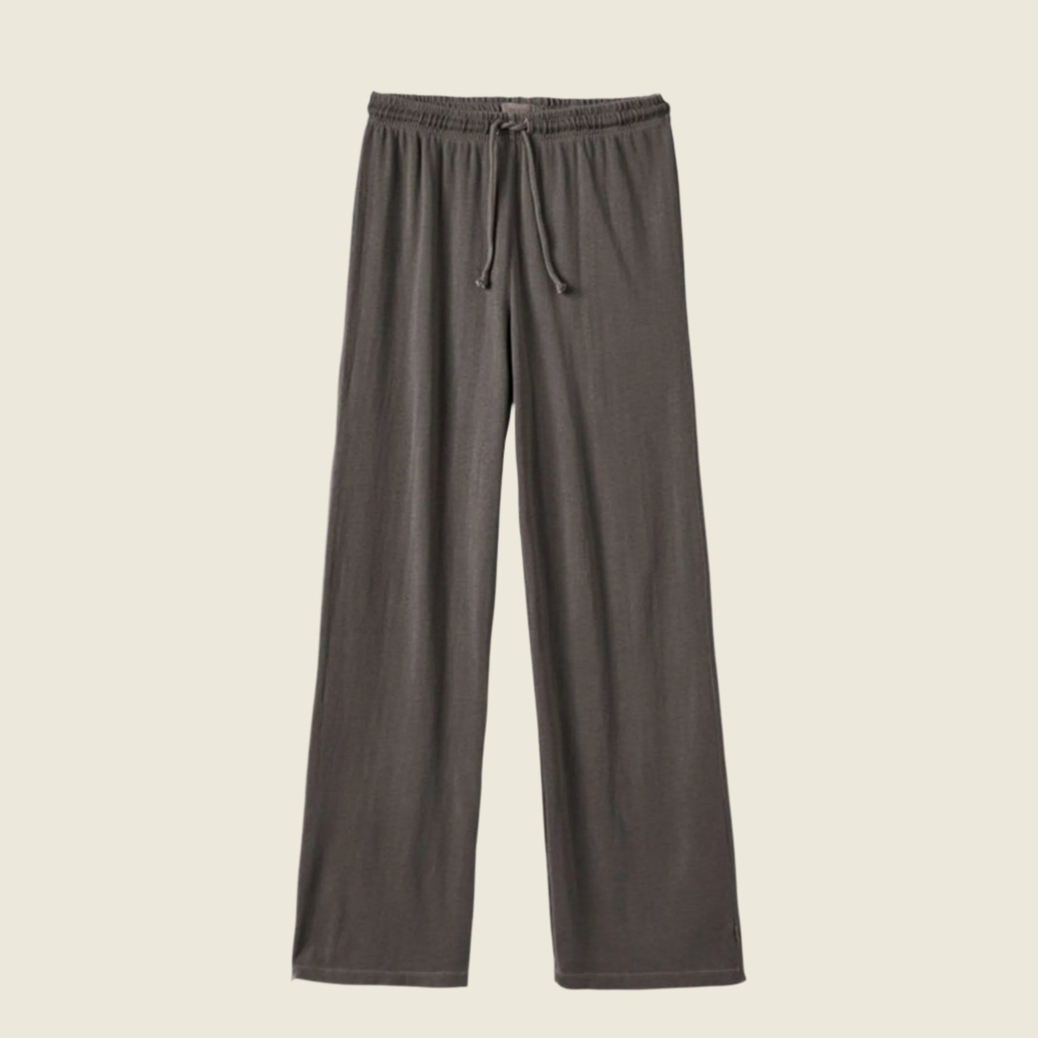 A pair of washed black lounge pants with a drawstring. 