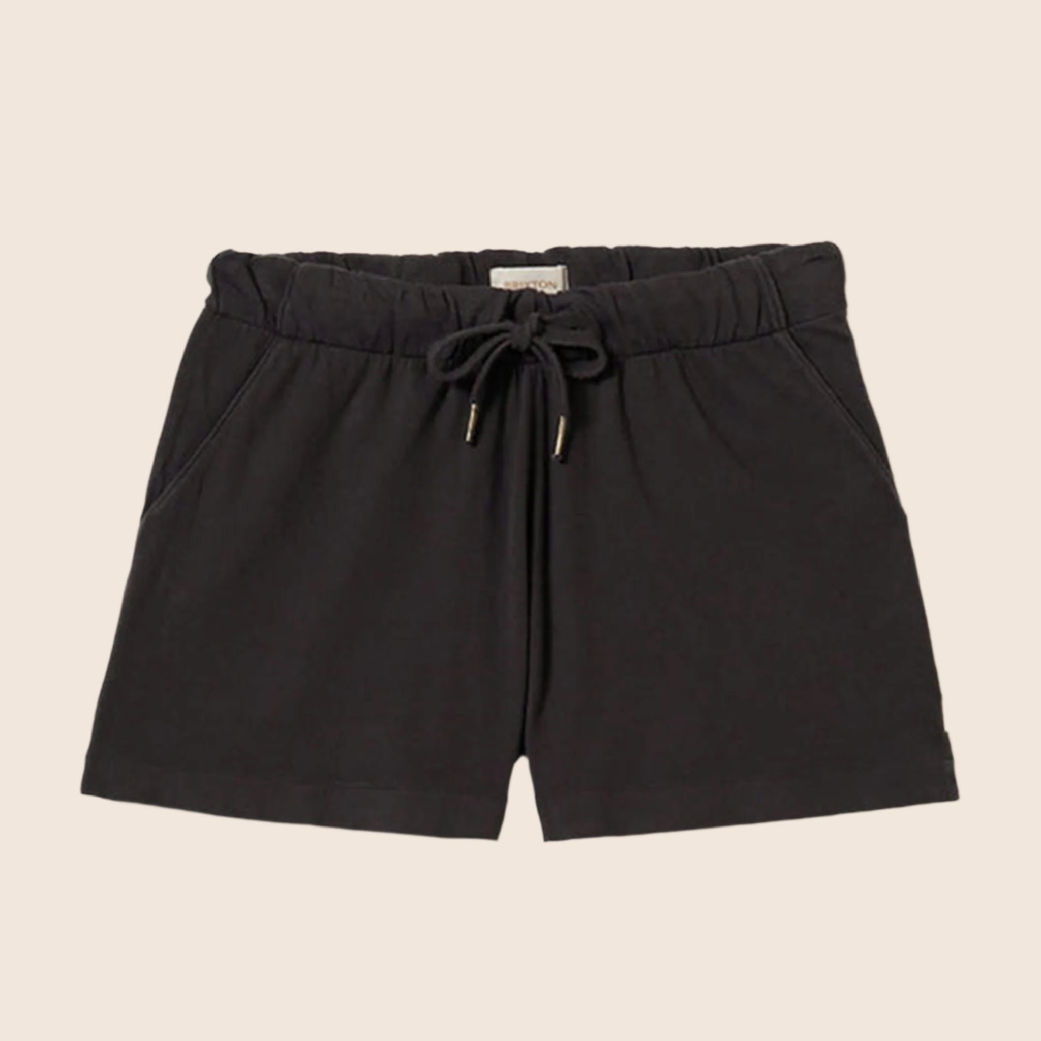 A pair of black lounge shorts with a tie detail. 