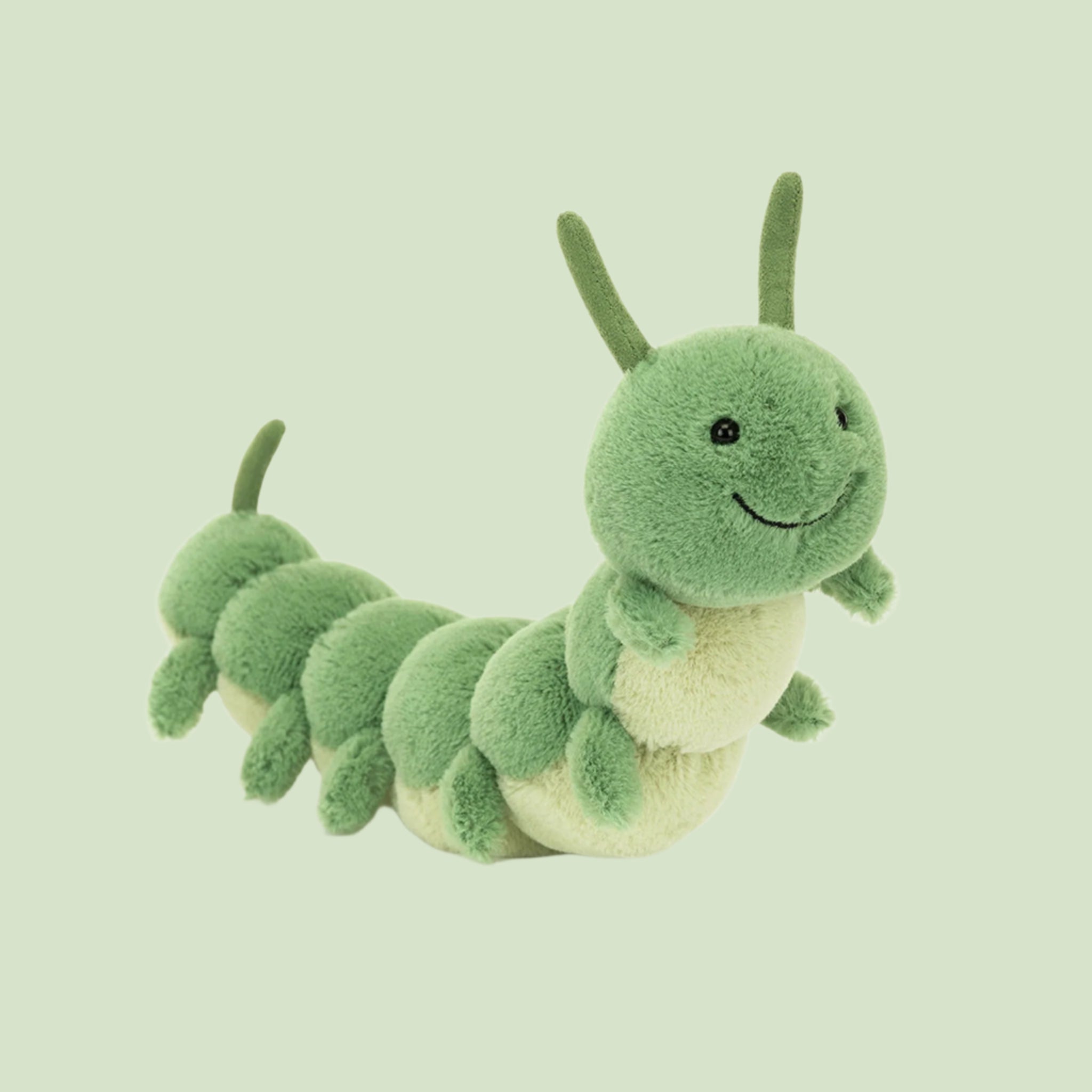 A green caterpillar shaped stuffed animal with a smiling face. 